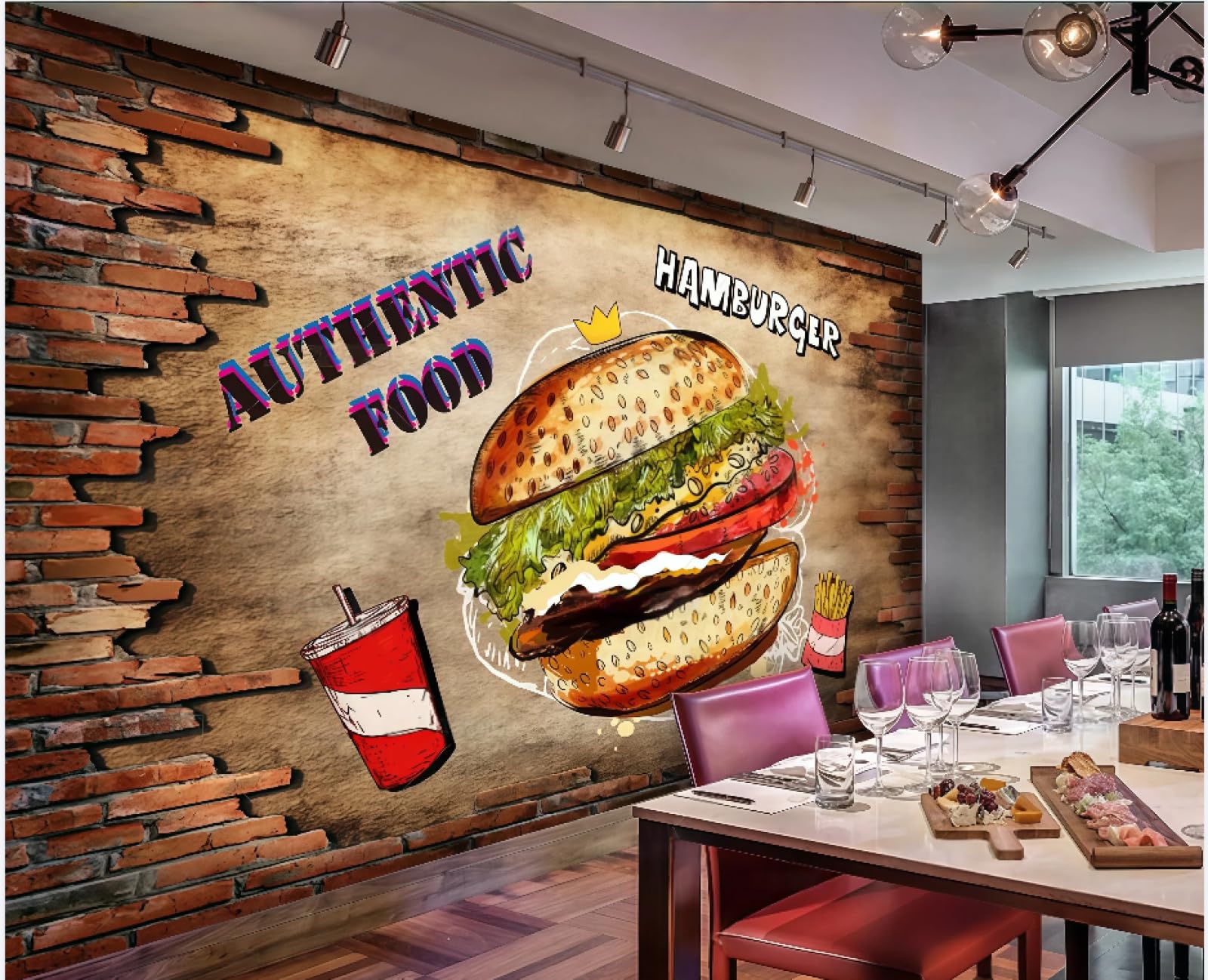 Rskjdghshd 3D Wallpaper Retro Brick Wall Fast Food Restaurant Burger Gourmet Dessert House Drink Shop Bar Background Wall Western Restaurant Wallpaper Cafe Mural,,250X175cm