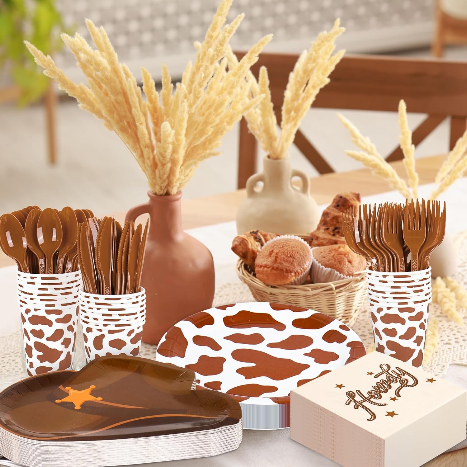 FYSUIMU 175 Pcs Cowboy Tableware Sets Serves 25 Guests Brown Rodeo Hat Cow Print Plates Napkins Cups Fork Knife Spoon Disposable Dinnerware for Western Birthday Cowgirl Party Supplies
