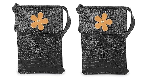 ROVOK Sling Bag Mobile Pouch Purse for Ladies | Gift item for Women girls birthday special | Unique Corporate Festival Gift Items Christmas | Valentines Day Gift Item for Girlfriend/Gift for Sister (Black, Pack of 2)