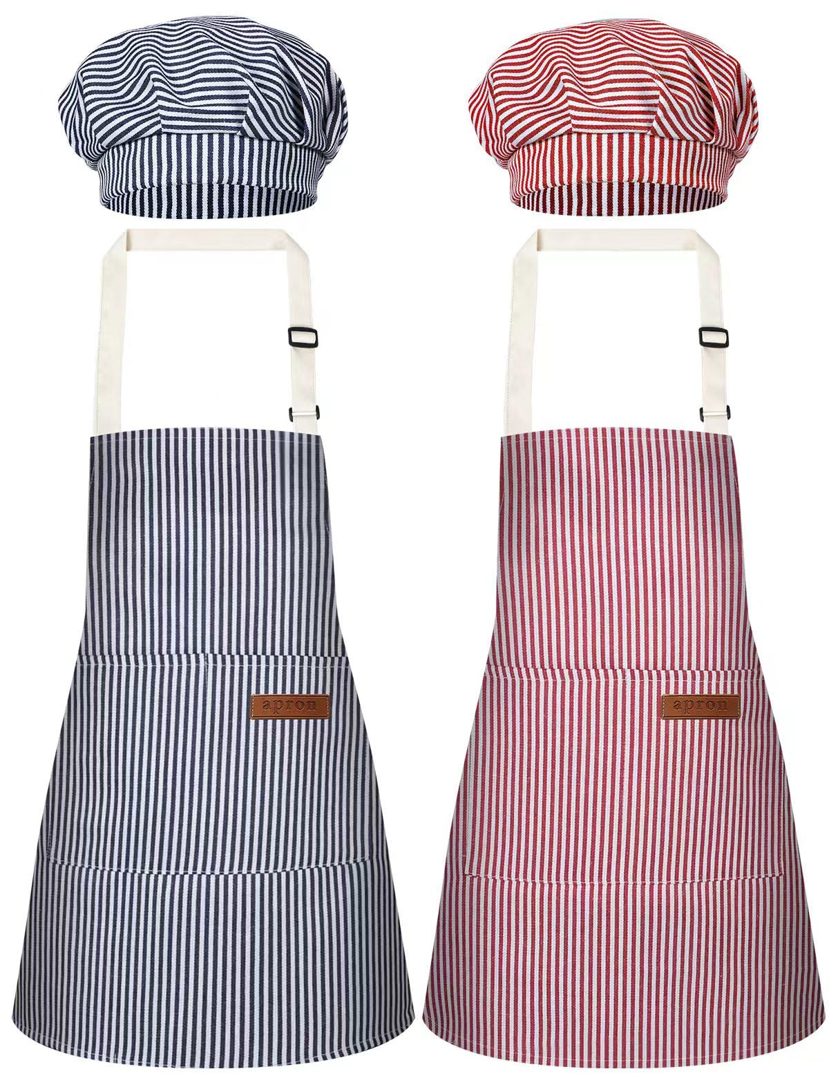 Dashuaige Blue, Pink 2 Pack Stripes Kids Aprons With Chef Hat, Kid Cooking Apron With 2 Pockets, Cute Adjustable Aprons For Cooking For Baking Art (, 45X50cm)