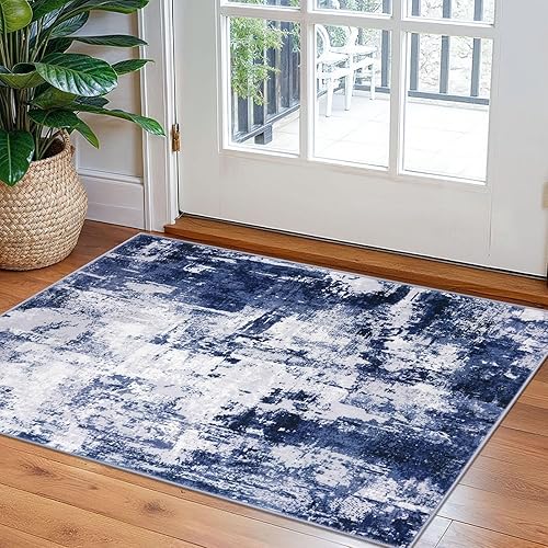 Miniatura 90 de KOZYFLY Alfombra moderna abstracta lavable de 2.6 x 10 pies, antideslizante, suave, alfombra de camino de cocina, alfombra a rayas azules óxido para