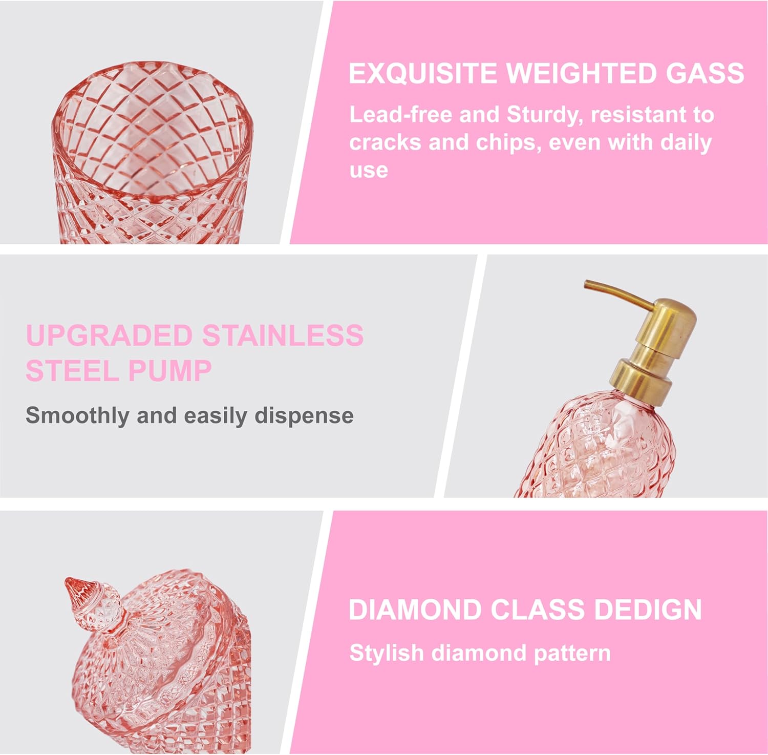 ピンク バスルームアクセサリーセット、4個 クリアガラス バスルームアクセサリーセット、ローションソープディスペンサー、歯ブラシホル