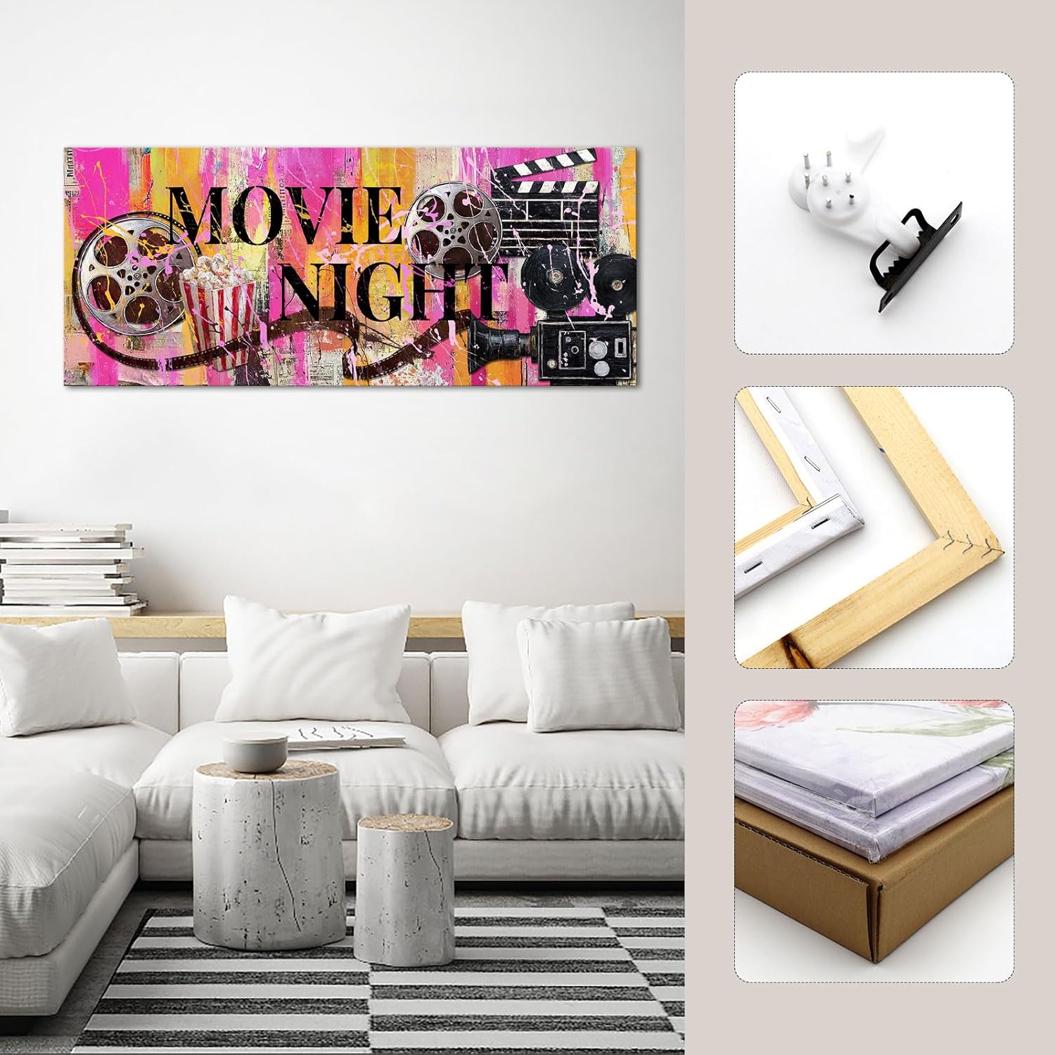 sechars Theater Room Decor Movie Night Canvas Wall Art Cinema Theme Decorations Pink and Orange Basement Picture Painting Decor 20"x48"