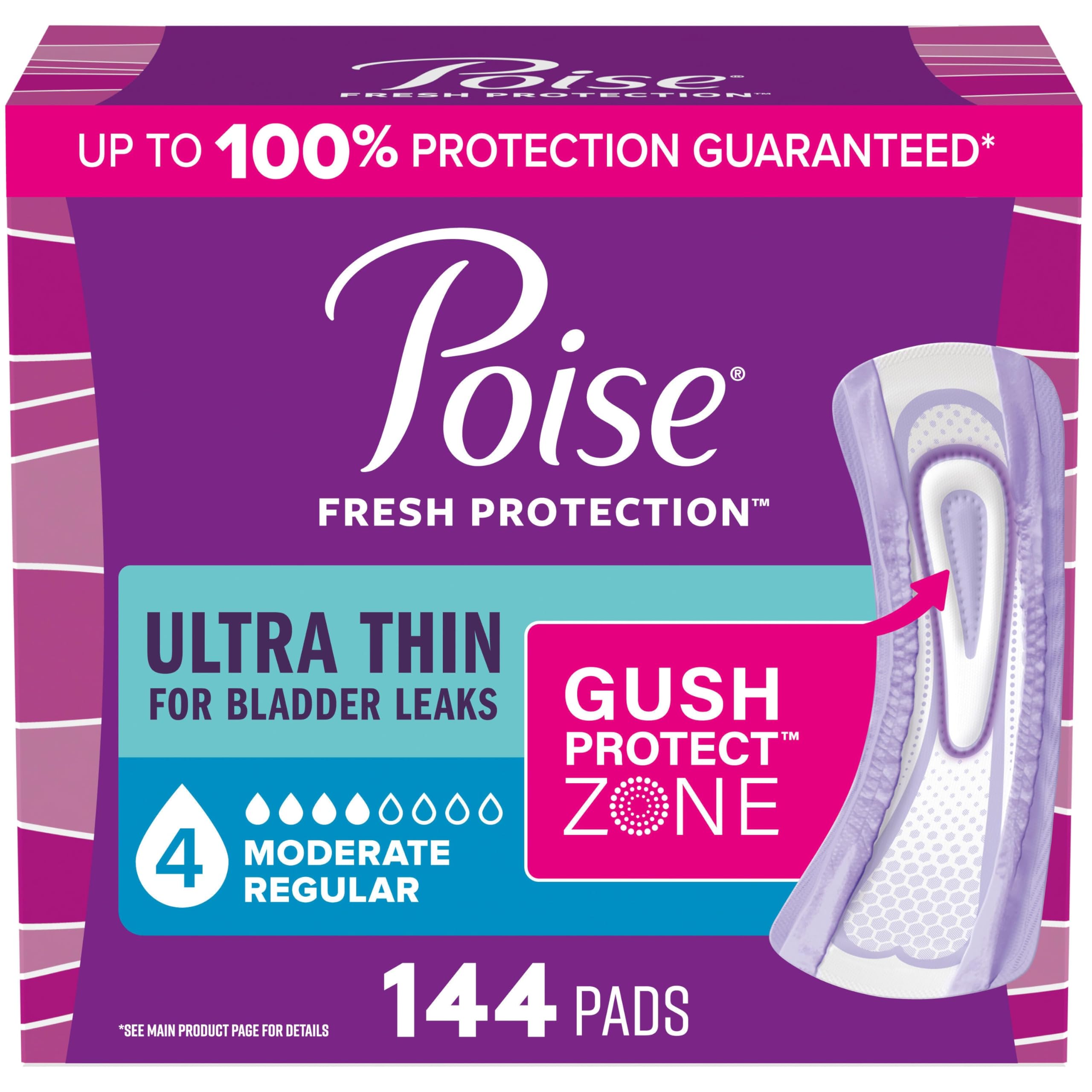 Photo 1 of Poise Ultra Thin Incontinence & Postpartum Pads for Bladder Leaks, 4 Drop Moderate Absorbency, Regular Length, 144 Count (Packaging May Vary)