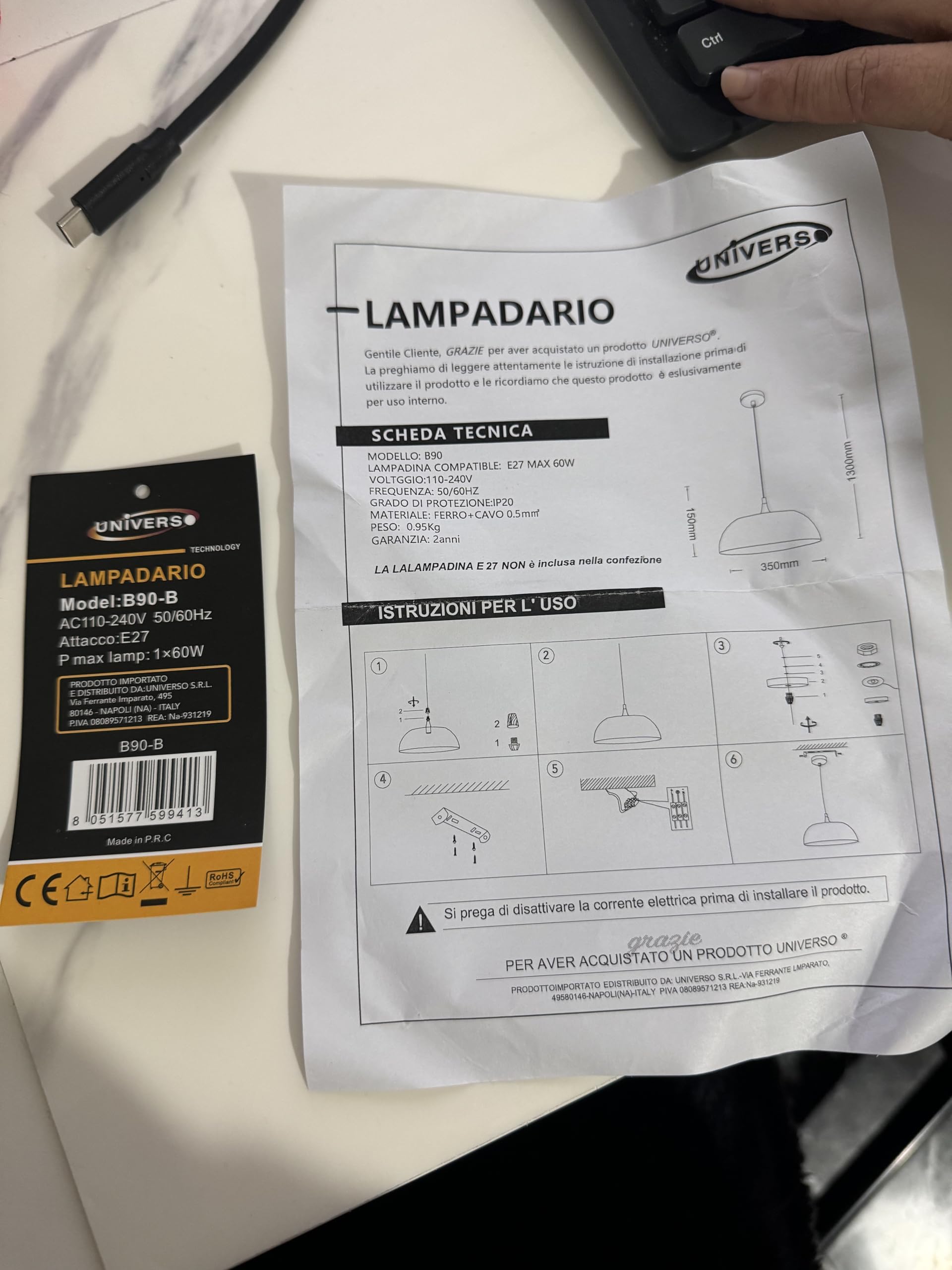 Lampada a sospensione a cupola in metallo industriale regolabile in altezza E27 Base Lampadario ritagliato per isola cucina, camera (BIANCO)