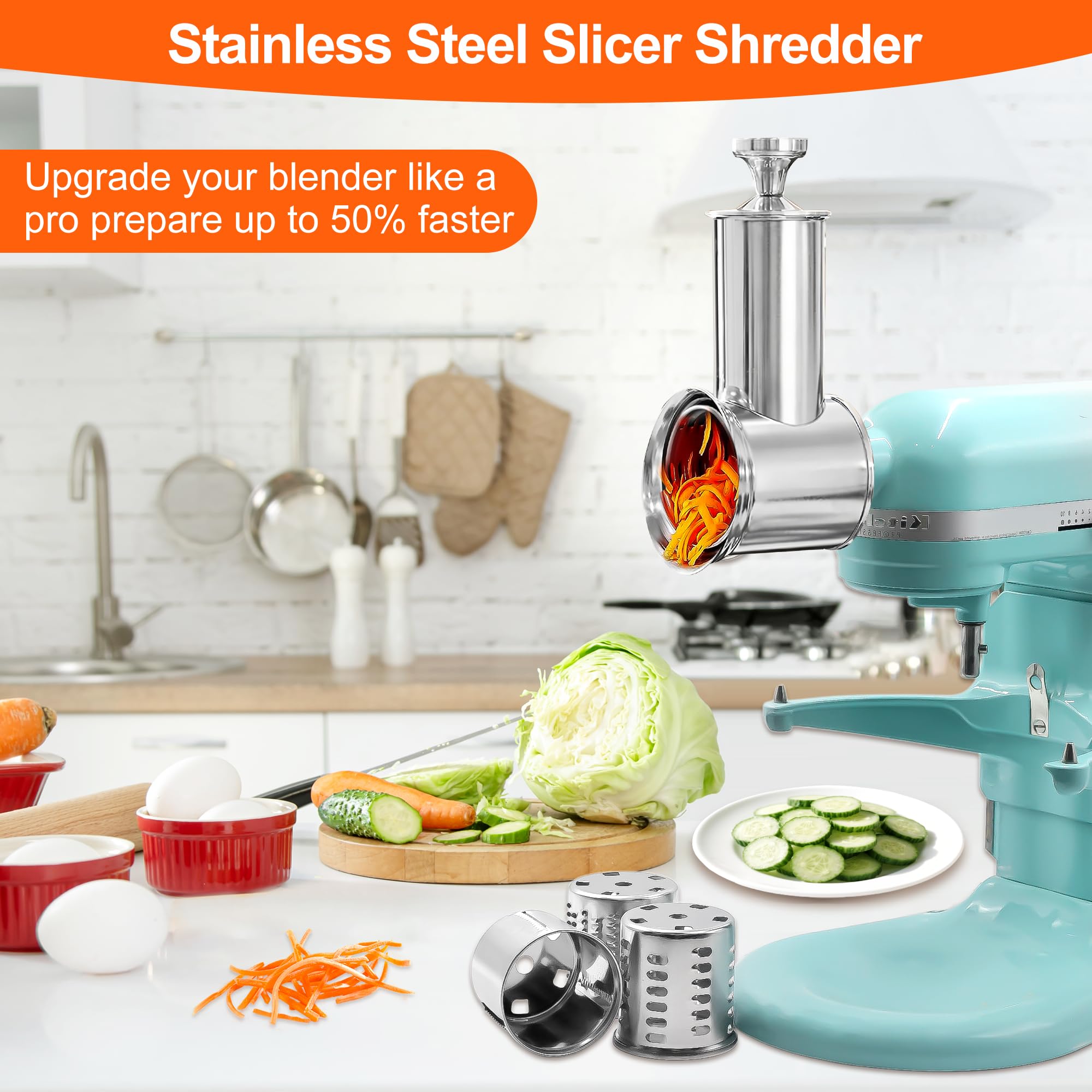 Edelstahl Slicer Shredder für KitchenAid Mixer Aufsatz Gemüse & Käsereibe Aufsatz mit 4 Klingen (fein, mittel, grob, Hobel), mit Knauf, spülmaschinenfest, Haltbarkeit