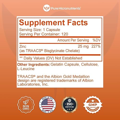 Miniatura 4 de Pure Micronutrients Suplemento de zinc suplementos de glicinato de zinc natural quelado 25 mg 120 cápsulas Anaranjado 1