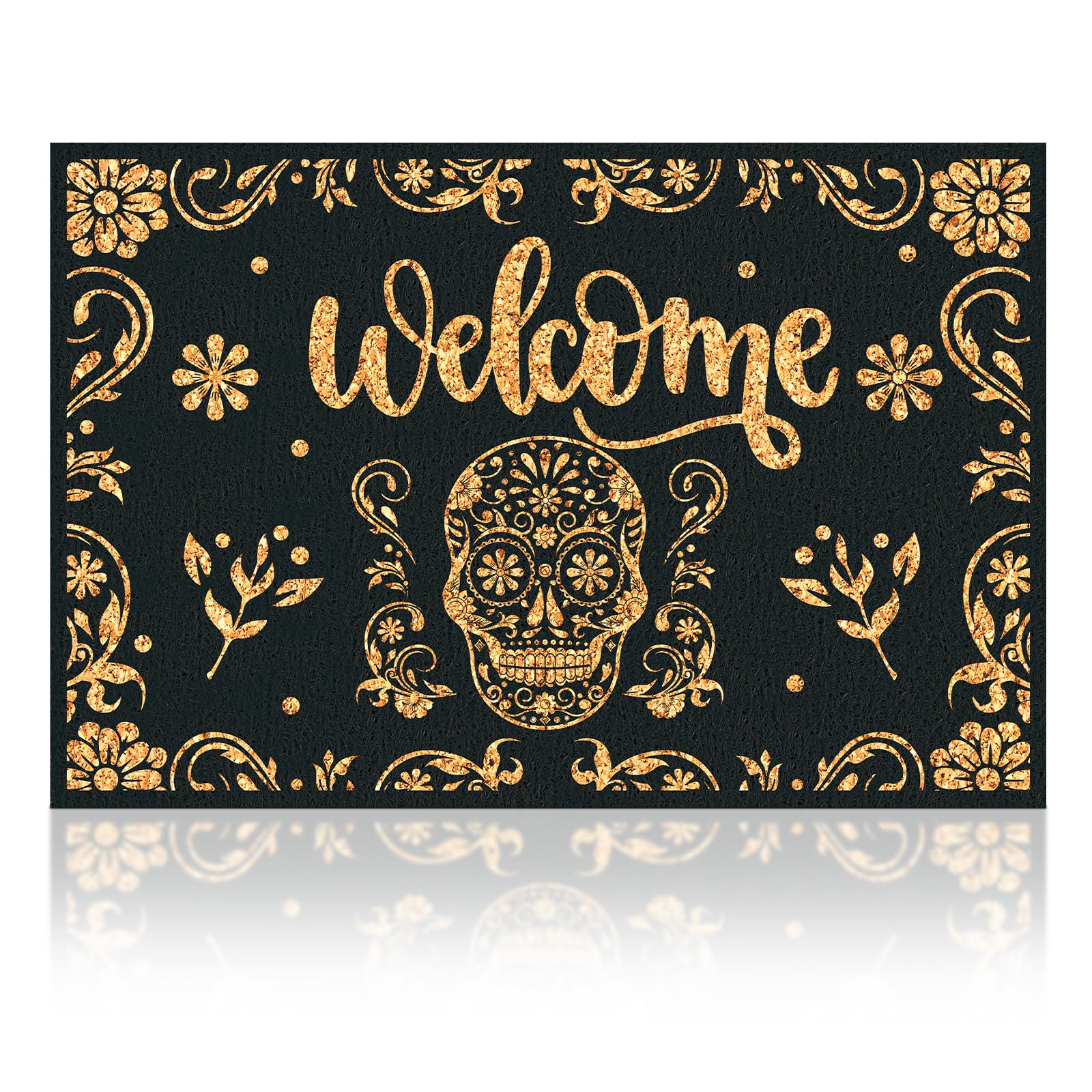 Day of The Dead Doormat Sugar Skull Marigolds Dia de Los Muertos Mat Skull Welcome Imitation Coir Doormat Mexican Front Door Mat with Anti-Slip Back for Halloween Door Entrance, 24 x 16 Inch