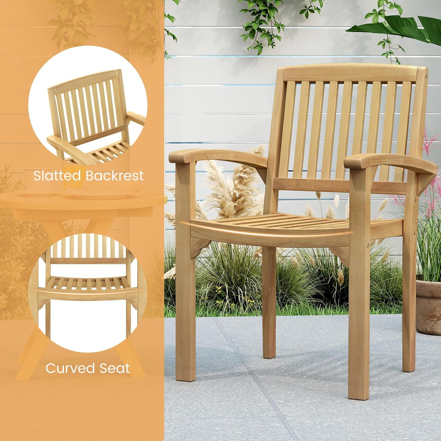 Tangkula Outdoor Patio Wood Dining Chair, Teak Wood Armchair with Slatted Seat & Curved Seat, Ergonomic Armrests, Solid Wooden Legs, for Balcony, Poolside, Porch, Yard (1)