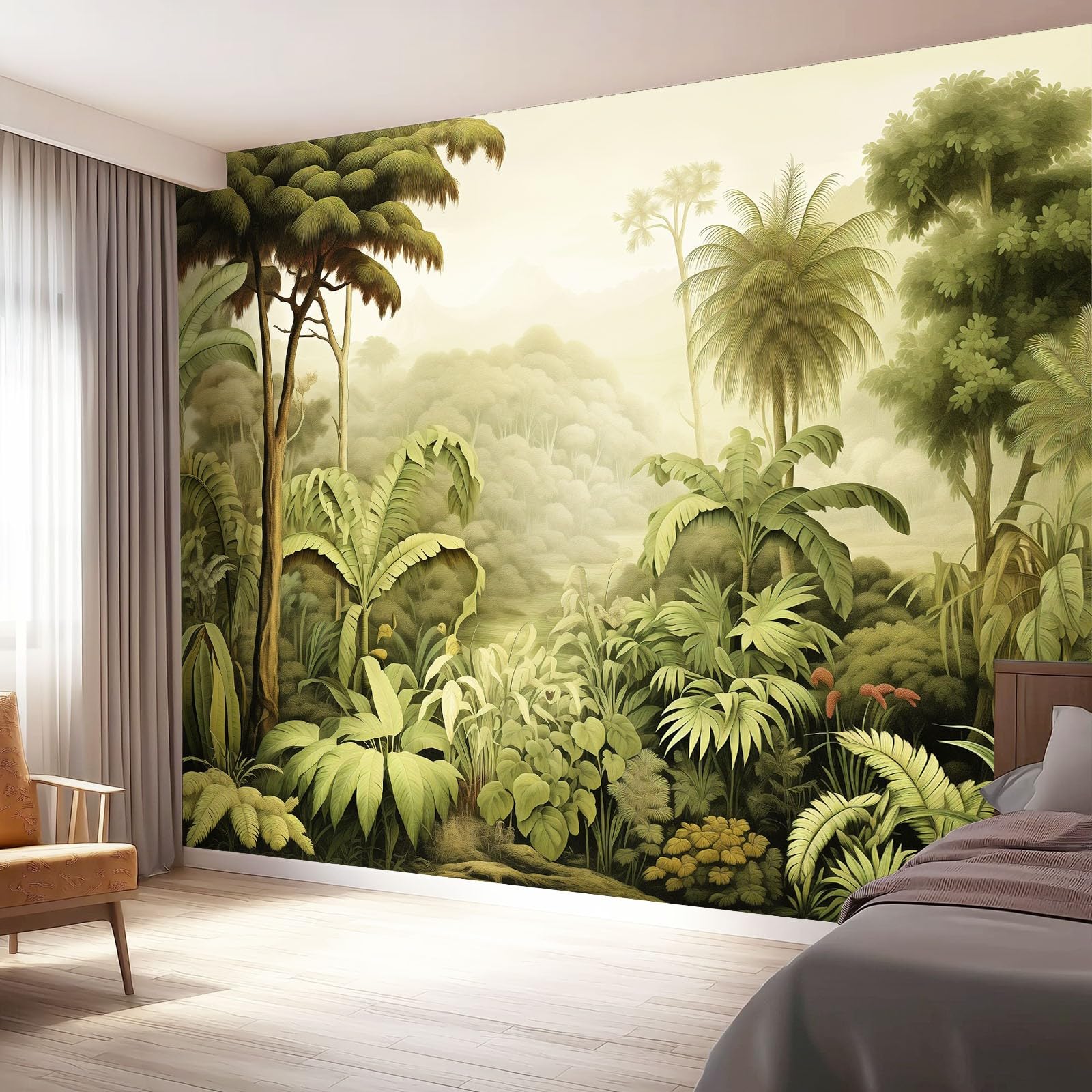 Vlies Fototapete Vintage-Tropen 400 x 280 cm - Fototapeten - Tapeten - für Wohnzimmer Schlafzimmer - Vliestapete XXL Wandtapete Tapete 3D Effekt - Pflanzen Bäume Grüne Blätter