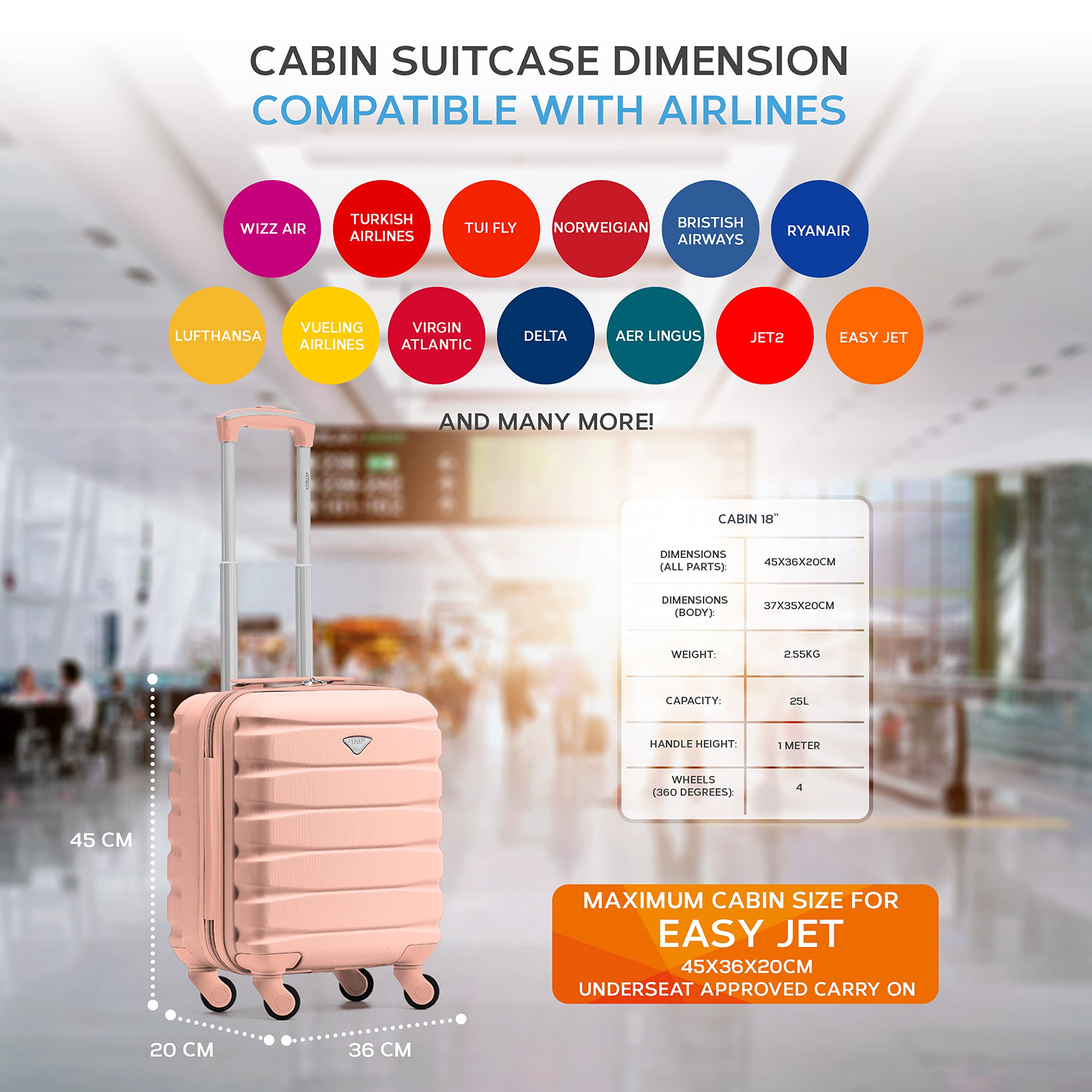 Flight Knight EasyJet Cabin Bag 45x36x20, Underseat, Lightweight Small Durable 4 Wheel Cabin Suitcase, Maximum Carry-On Size, ABS Hard Shell, 10kg Hand Luggage Bag- 45 x 36 x 20 cm Travel Bag
