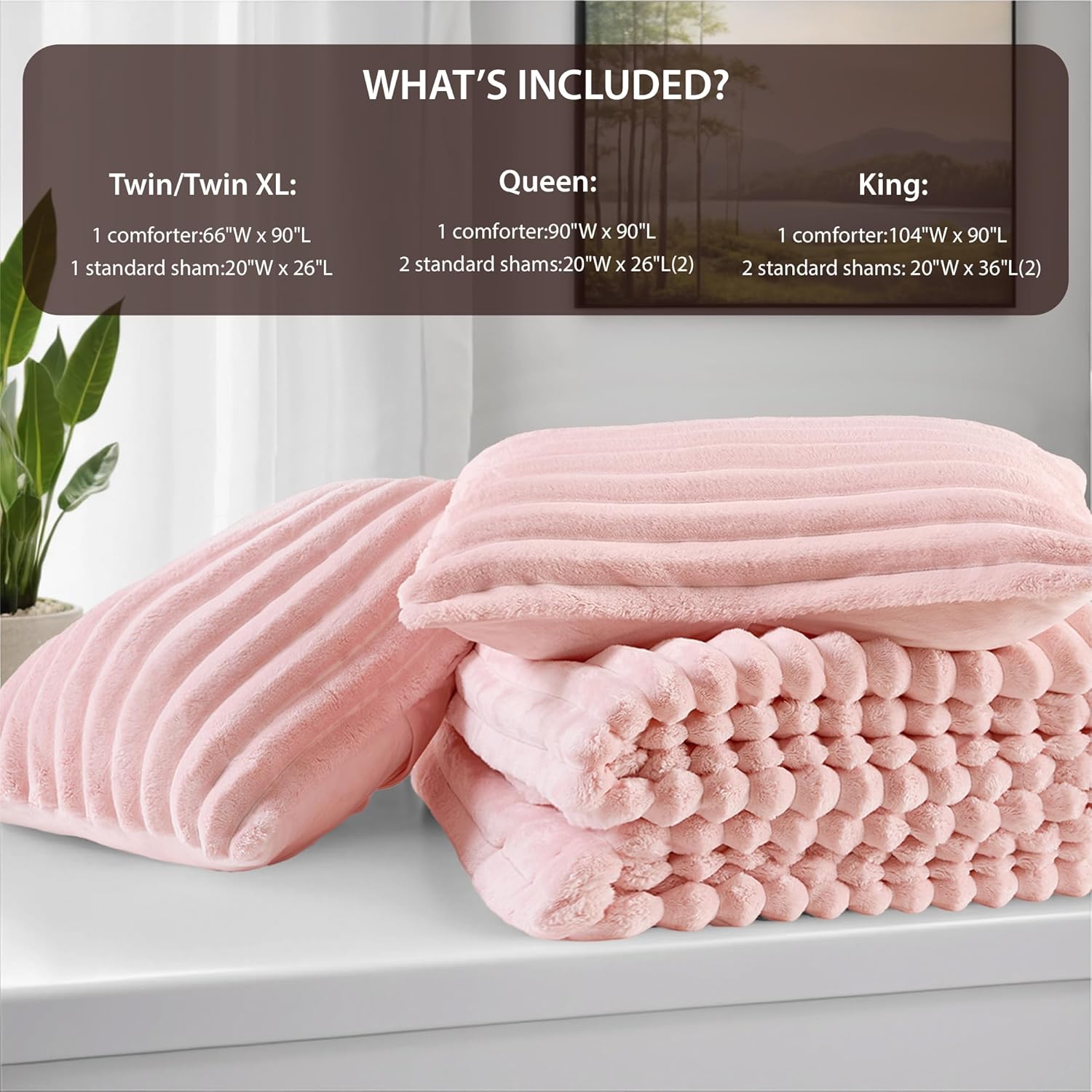 Cuddly Ribbed Fluffy Comforter Set Queen Size, Super-Soft Plush Fleece Bedding Set, Warm Fuzzy Comforter with Matching Shams, All-Season Cozy 3-Piece Bed Set, Blush Pink