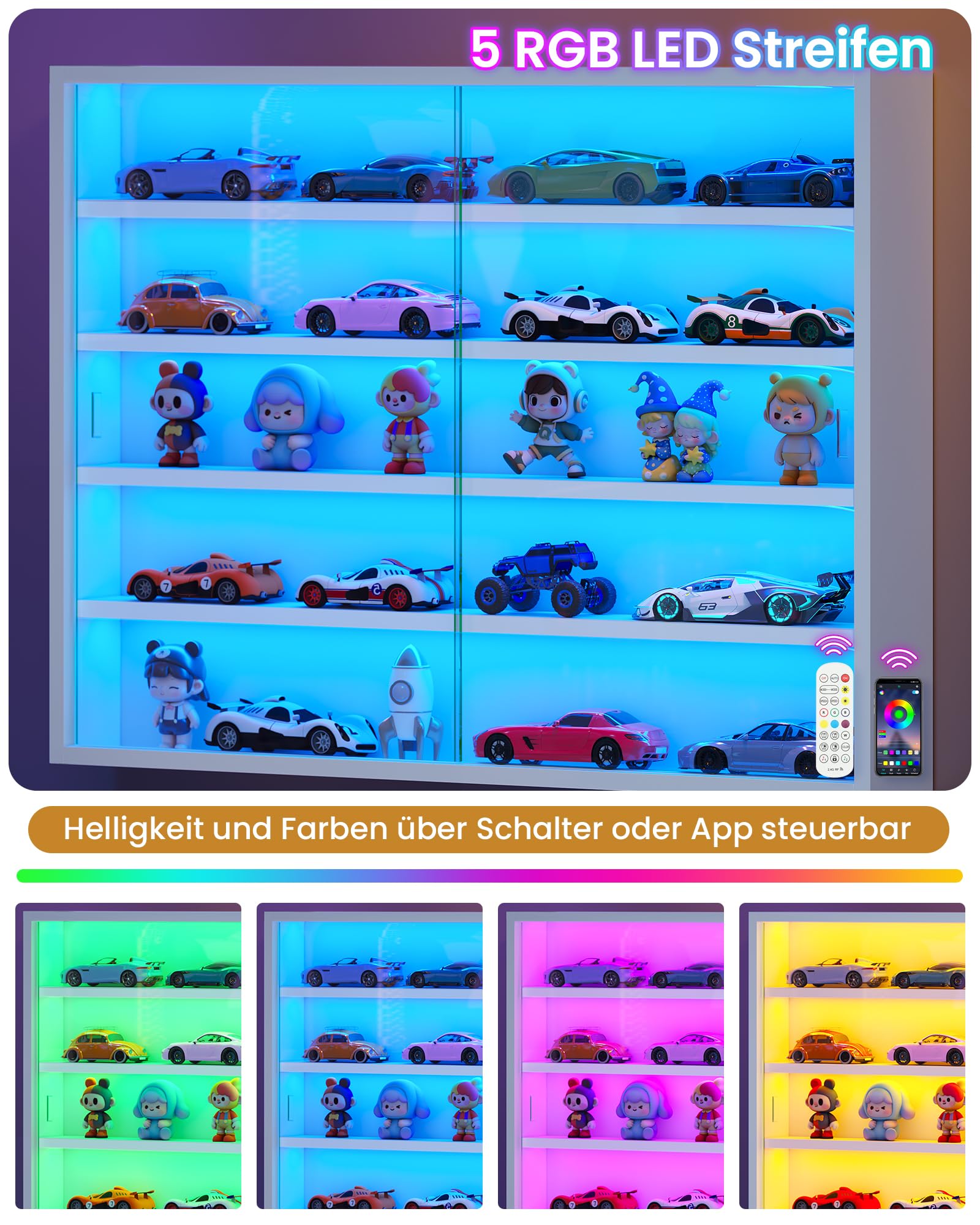 KIMENICH Sammlervitrine, 5-stöckige Glasvitrine mit LED-Beleuchtung, hängende Wandvitrine, Wandregal mit Glastüren, Hängevitrine für Figuren, Vitrinenschränke, Weiß