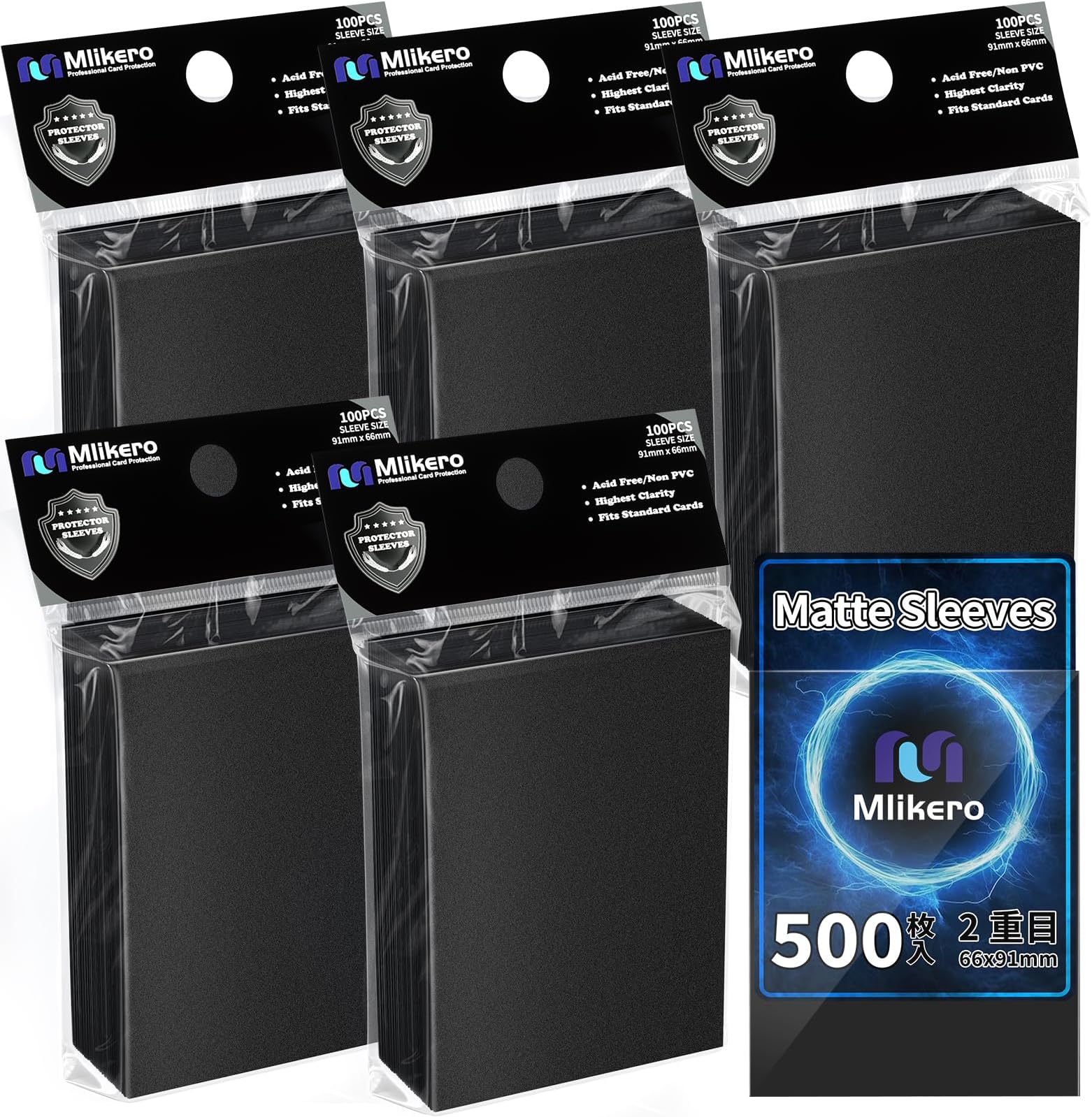 Mlikero 500 Card Sleeves Matte Trading Card Sleeves 66x91mm Compatible with Standard TCG Cards (Black)