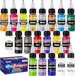 Roizefar Tinta para aerógrafo, 18 cores com 2 conjunto de tinta para aerógrafo mais fino, tintas acrílicas à base de água, prontas para pulverizar, inclui cores metálicas e clássicas e fluorescentes