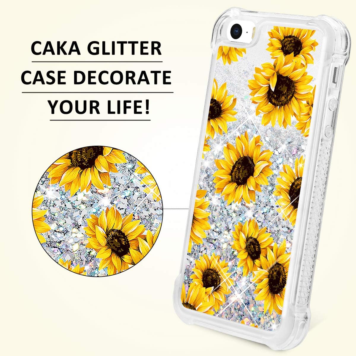iPhone 5 5S SE Case, Caka iPhone SE Floral Glitter Case Luxury Fashion Bling Flowing Liquid Floating Sparkle Glitter Soft TPU Case for iPhone 5 5S SE (Sunflower)
