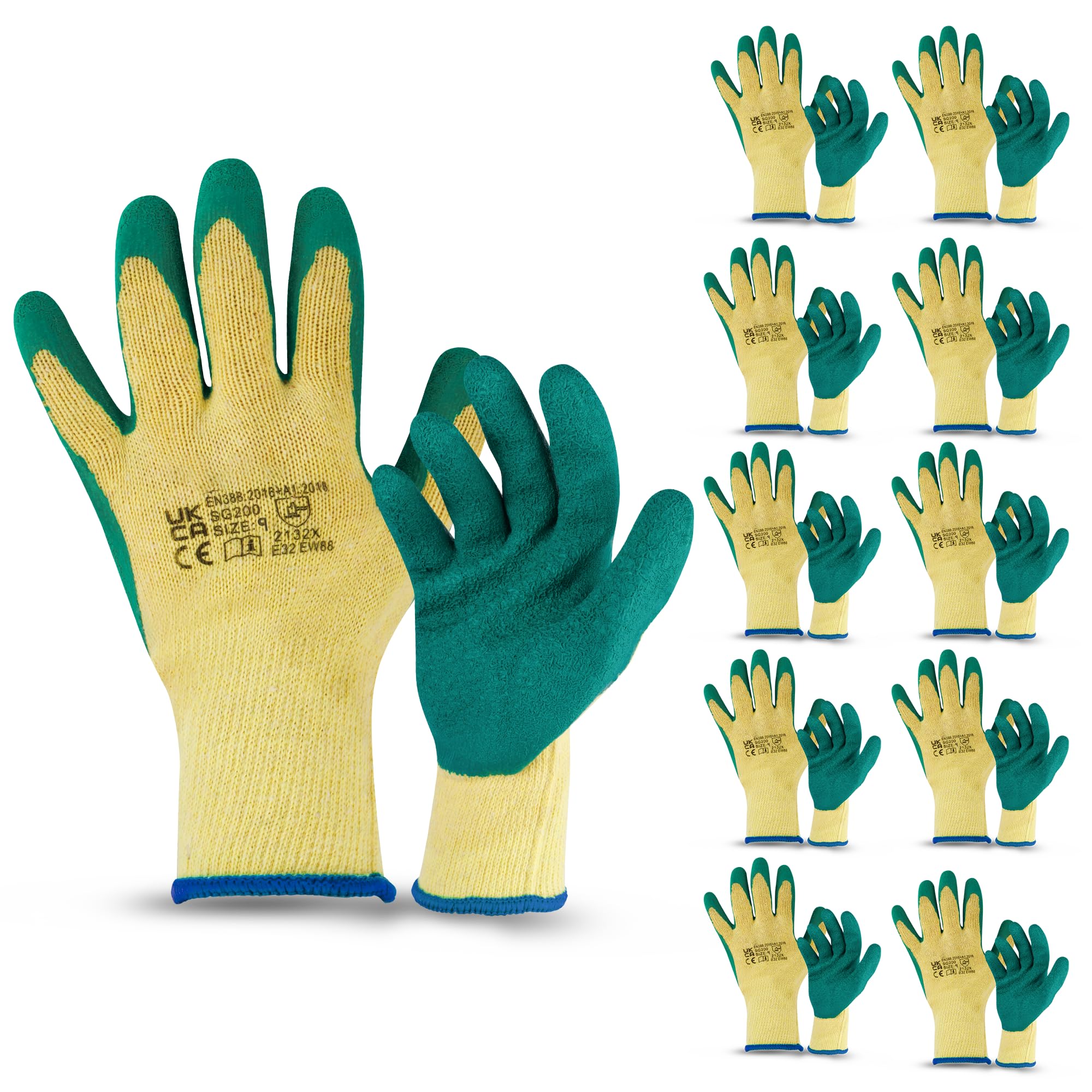Navoys 12 Pairs Safety Work Garden Gloves - Size 9/10 Green Latex Coated Finish, Abrasion Resistant, Heavy Duty, Builders, Working, Gardening, Non-Slip, PU Coated, Lightweight, Breathable Protective