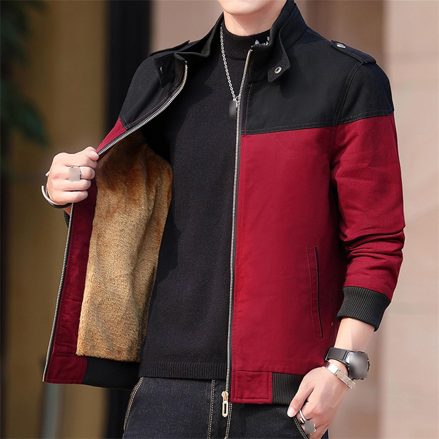 JEsilunmaMY Men's Color Block Cotton Cargo Jacket Classic Stand Collar Sherpa Jacket Fleece Lined Warm Winter Bomber Coat