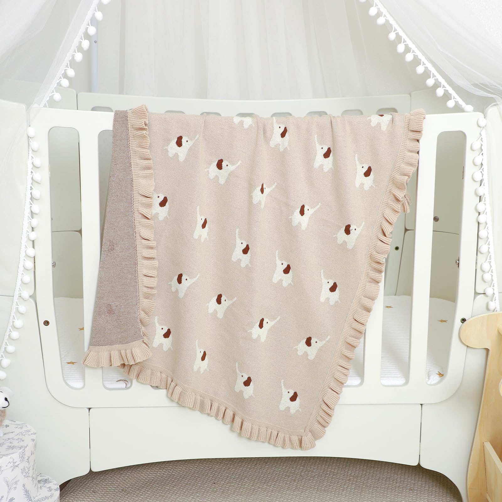 mimixiong Cotton Baby Blanket Soft Knit Ruffle Blankets Cartoon Elephant for Newborn Boys and Girls (Camel) - Image 2
