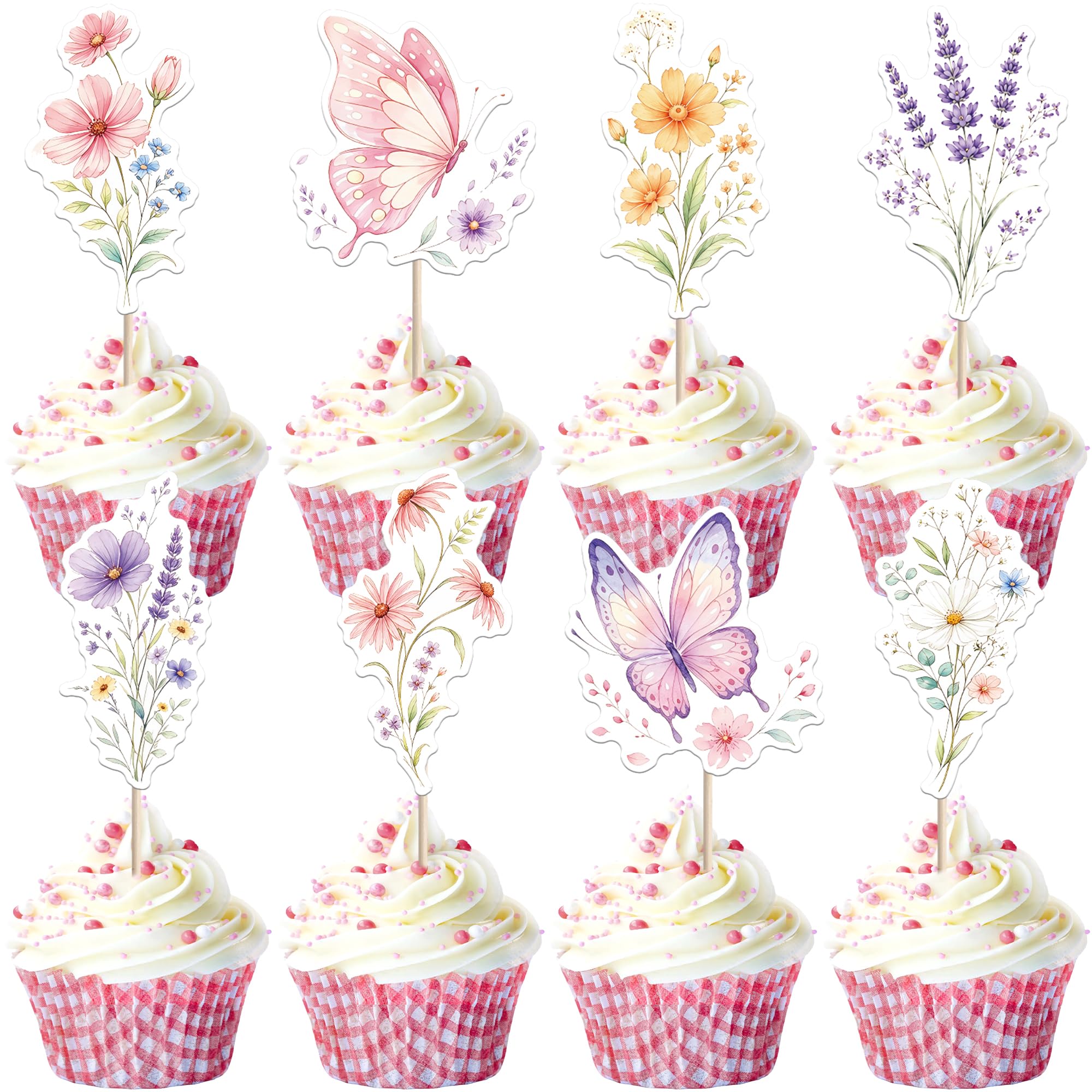 Xsstarmi 40 Pack Flower Birthday Cupcake Toppers Butterfly Cupcake Toppers Wildflower Cupcake Picks Baby in Bloom Decoration for Girl Garden Floral Fairy Baby Shower Party Cake Decorations White