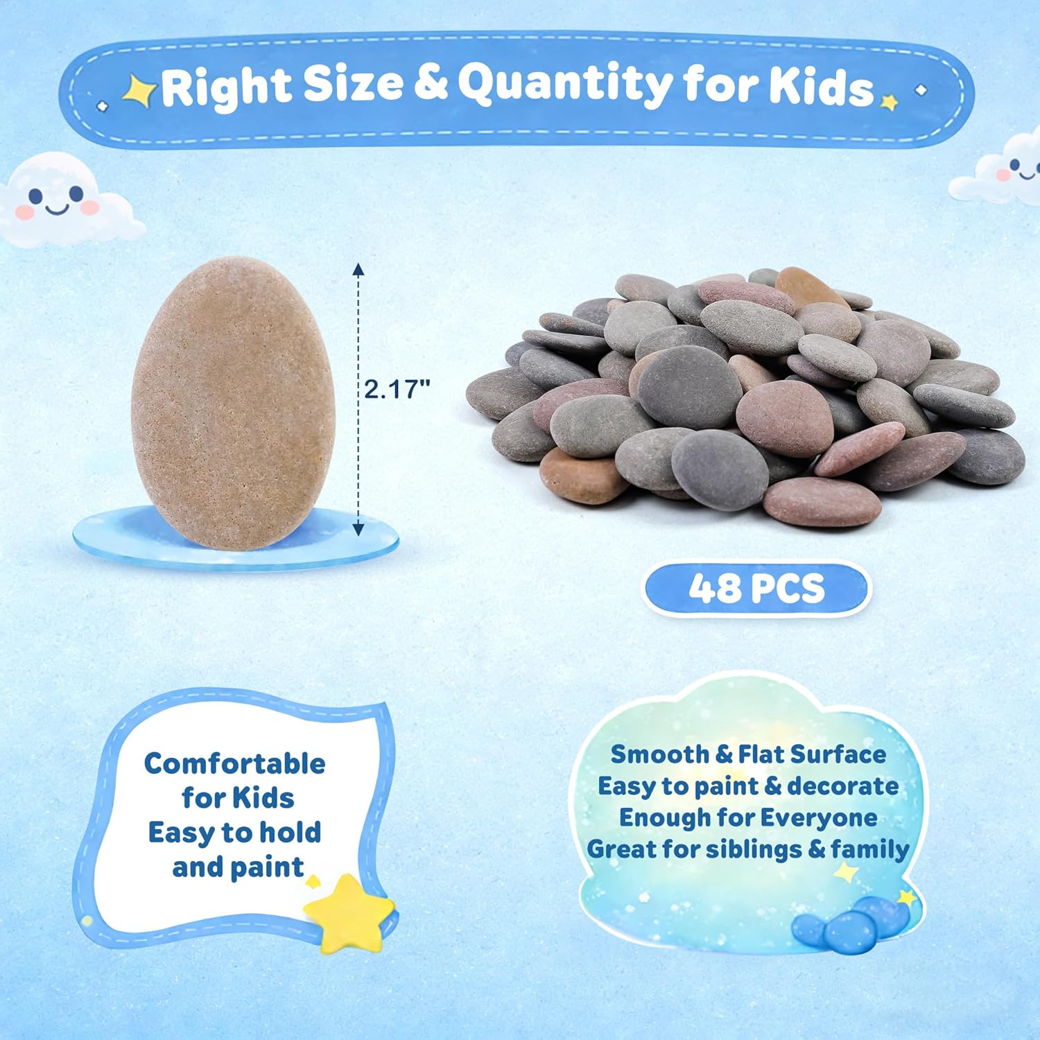 Rokraft 60 PCS Small 1.77-2.17" Smooth Natural River Rocks for Painting, Flat Painting Rocks & Craft Stones for School Art Activities, Kids Crafts & DIY Projects