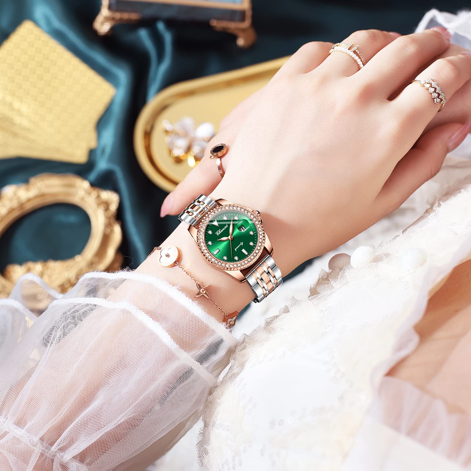 JewelryWe Uhren Damen Analog Quarz Armbanduhr Klassisch Elegant Strass Rechteckig/Rund Datum Kalender 30m Wasserdicht Geschäfts Beiläufige Uhr mit Echtleder Leder Armband