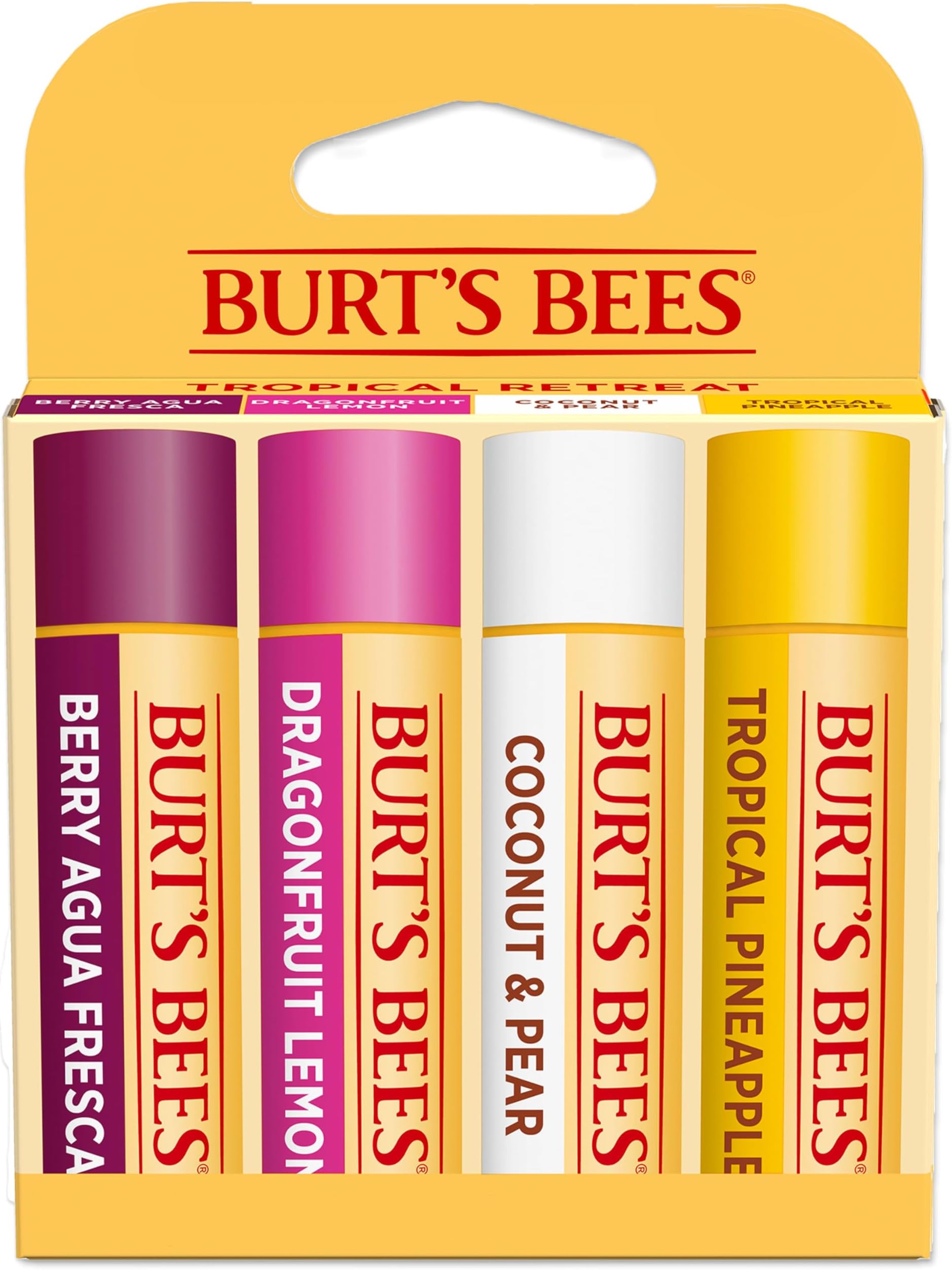 Lip Balm - Berry Agua Fresca, Dragonfruit Lemon, Coconut & Pear, Tropical Pineapple Pack, With Beeswax, Tint-Free, Natural Origin Lip Treatment, 4 Tubes, 0.15 oz.