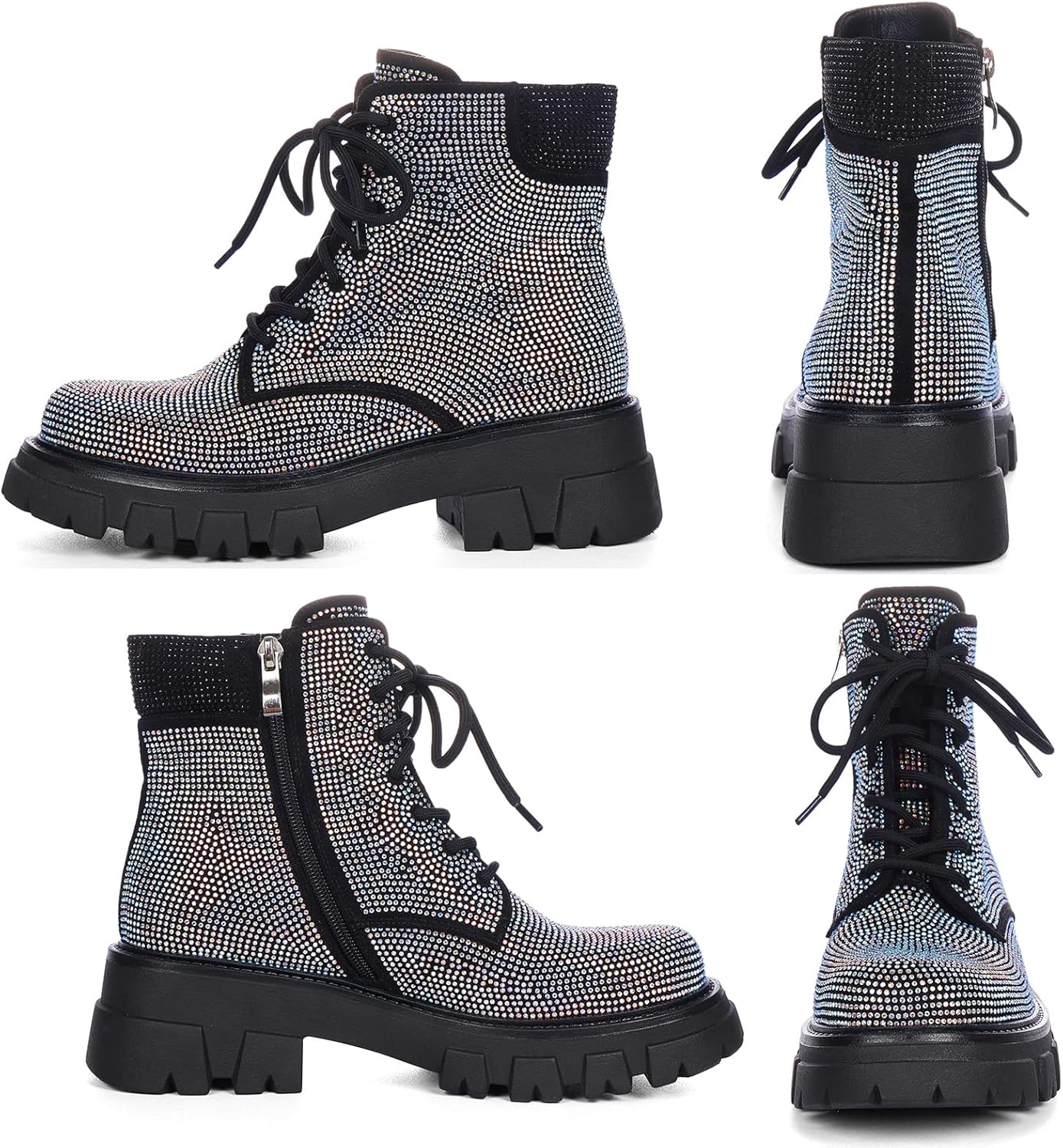 Wavyvigs Rhinestone Combat Boots Platform Chunky Heel Lace Up Ankle Boots Side Zipper - Image 5