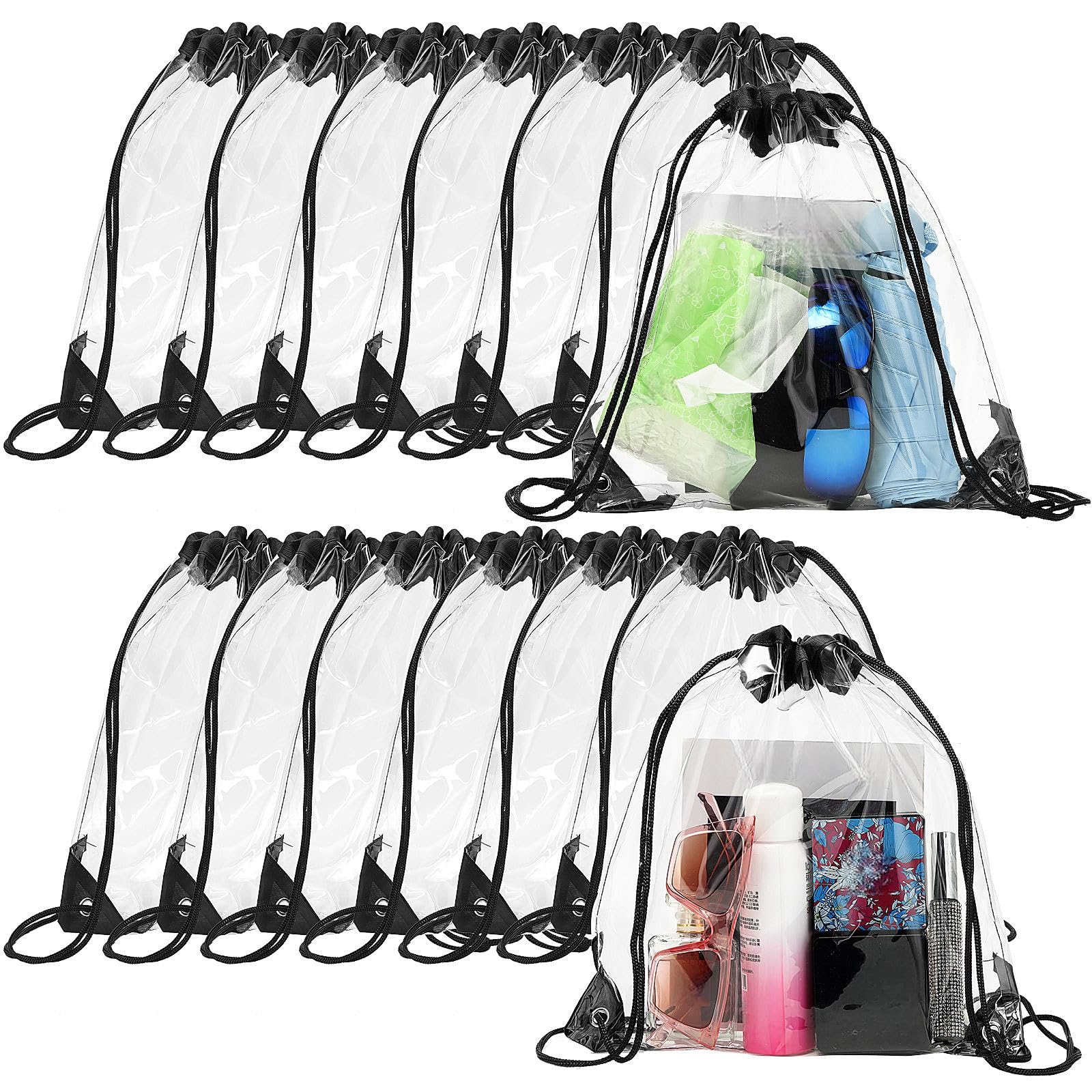 Shappy 30 Pcs Clear Drawstring Backpack, Plastic Waterproof Transparent Stadium Bags String Bag for Gym Travel (Black)