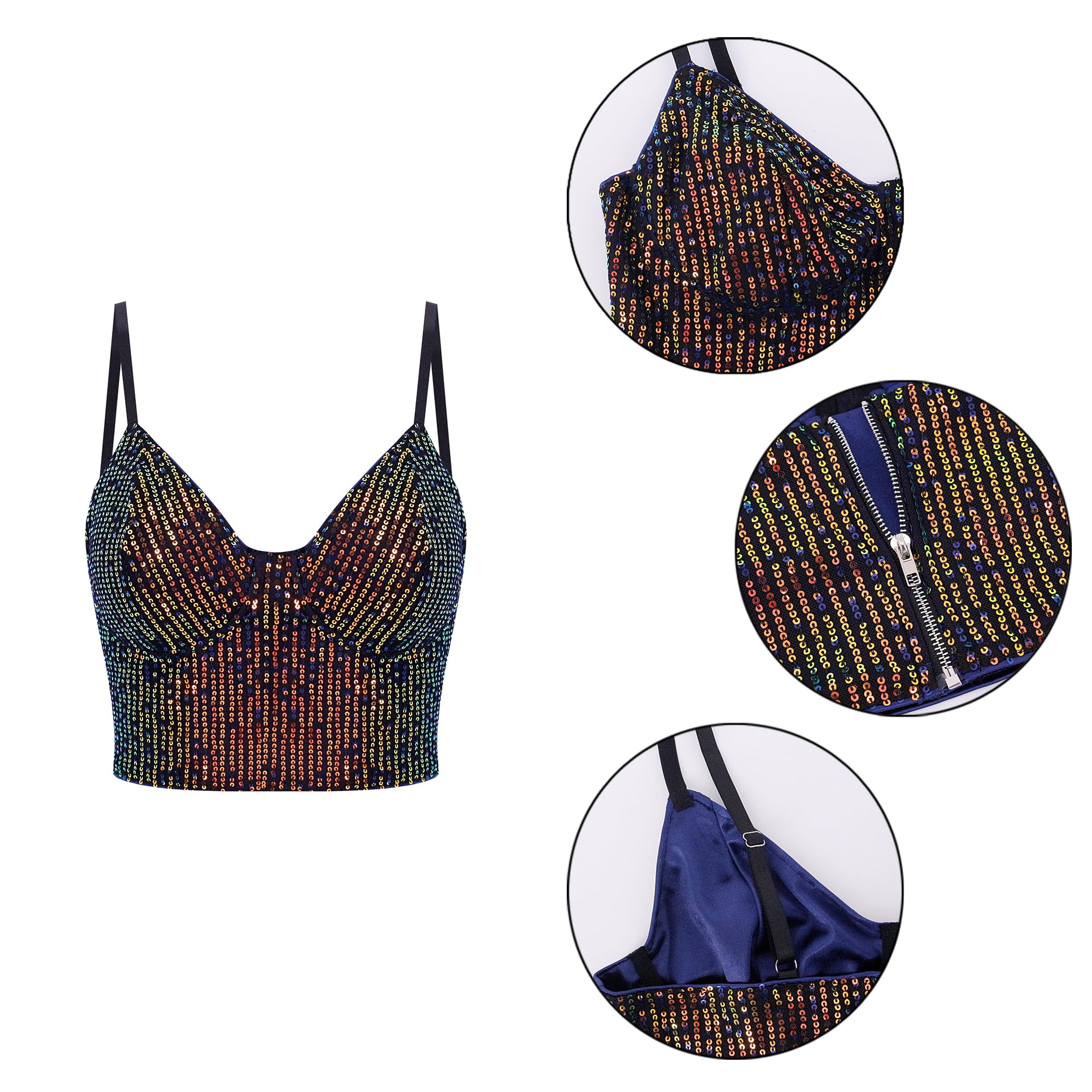 Segreto Damen Glitzer Pailletten Tanktop Ärmellos Spaghettiträger Sexy Crop Top Trägertop Festival Party Club Camisole