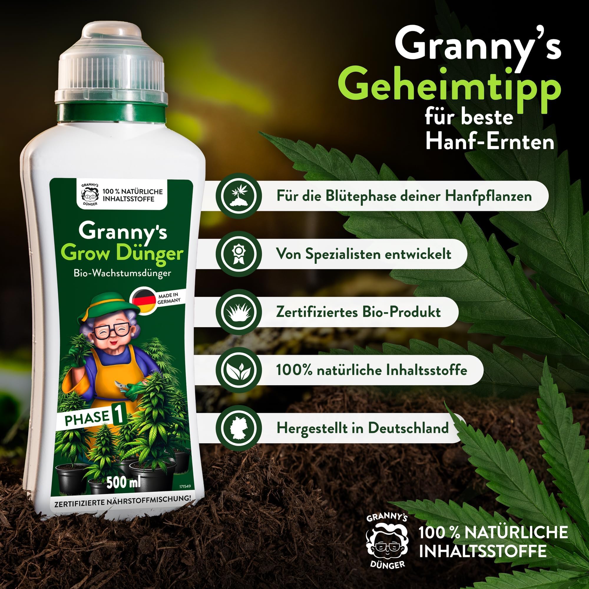 GRANNYS® Grow & Bloom Set - Flüssigdünger für Cannabispflanzen I Organisch I Für Wachstums- & Blütephase I Indoor & Outdoor I Einfache Anwendung I Mit Messbecher