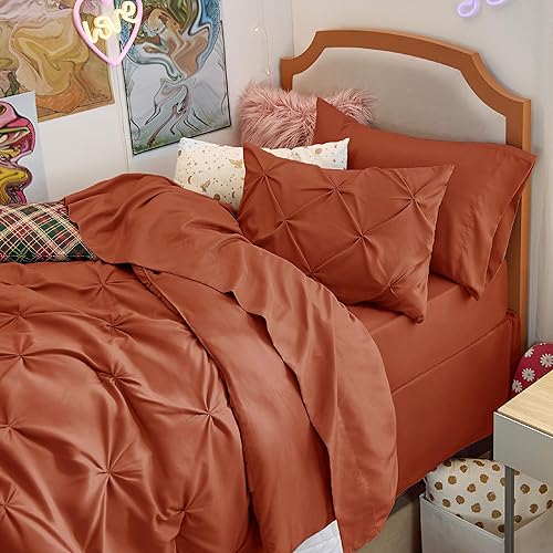 Miniatura 9 de Bedsure - Juegos de ropa de cama de 5 piezas, tamaño individual, con pliegues, cama en una bolsa en color naranja quemada con pliegues, edredón,