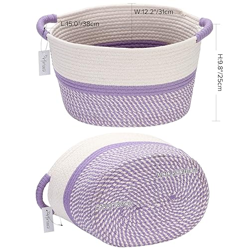 Miniatura 4 de Hinwo Cesta de almacenamiento ovalada de cuerda de algodón, plegable, organizador con asas, 13 x 10 pulgadas, color blanco roto y lavanda