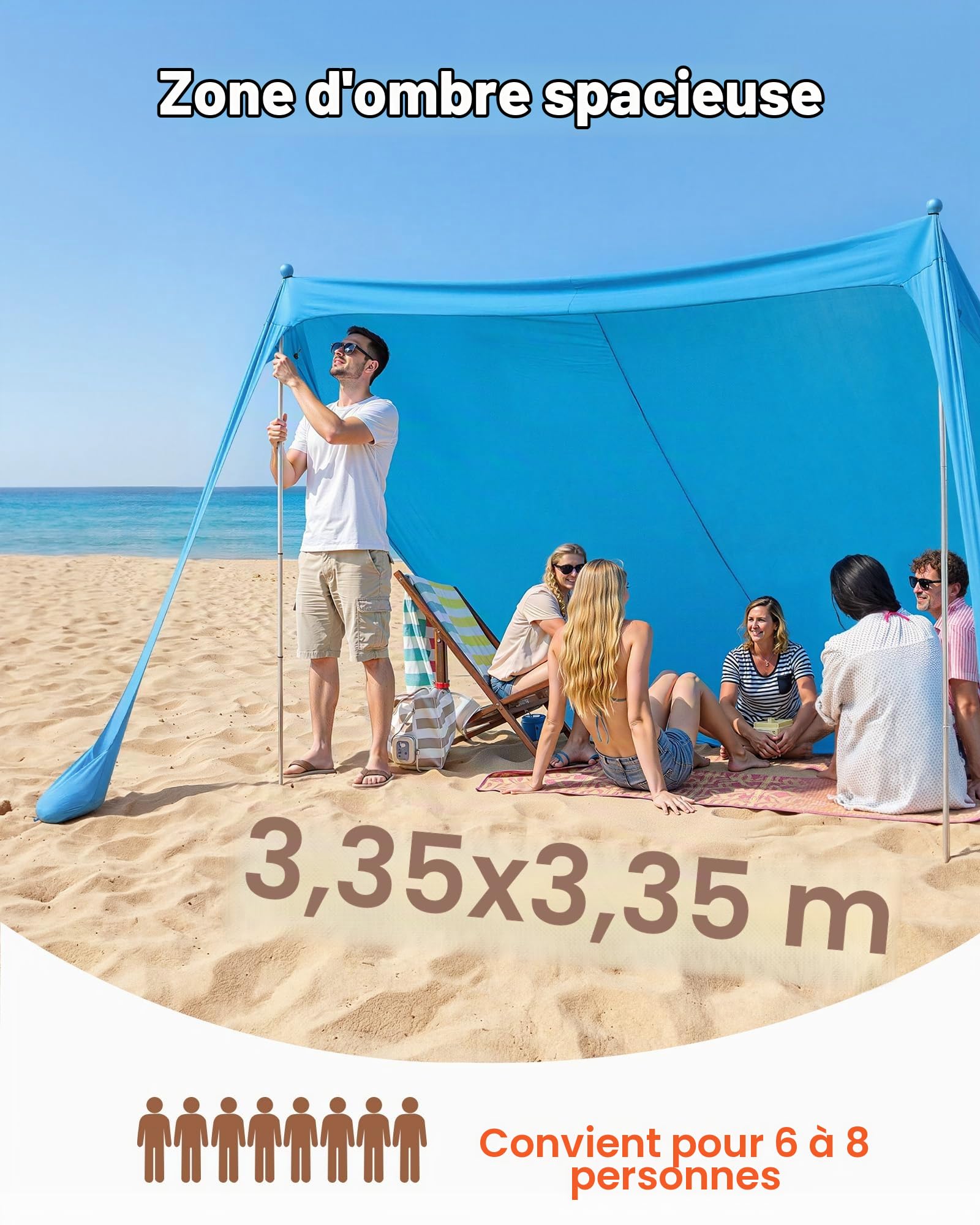 VEVOR Tente de Plage de 3,4x3,4x2 m, Abri Soleil UPF50+, Pare-Soleil Extérieur pour Plage Parc Camping et Pêche, Auvent Protection UV avec Sacs de Sable, Poteaux de Soutien et Pelles à Sable, Bleu
