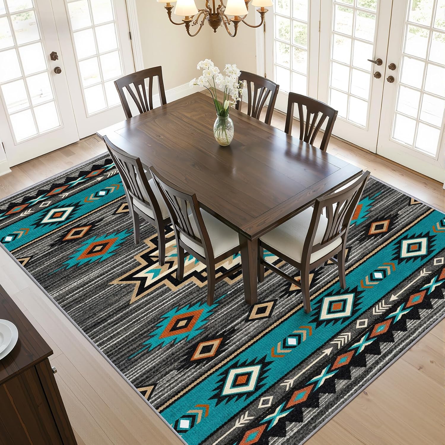 Native American Rug 5x7 - Aztec Southwestern Geometric Area Rugs, Boho Lodge Carpet, Washable & Non Slip & Soft Large Carpets, Native American Home Decor (Turquoise Orange Grey)