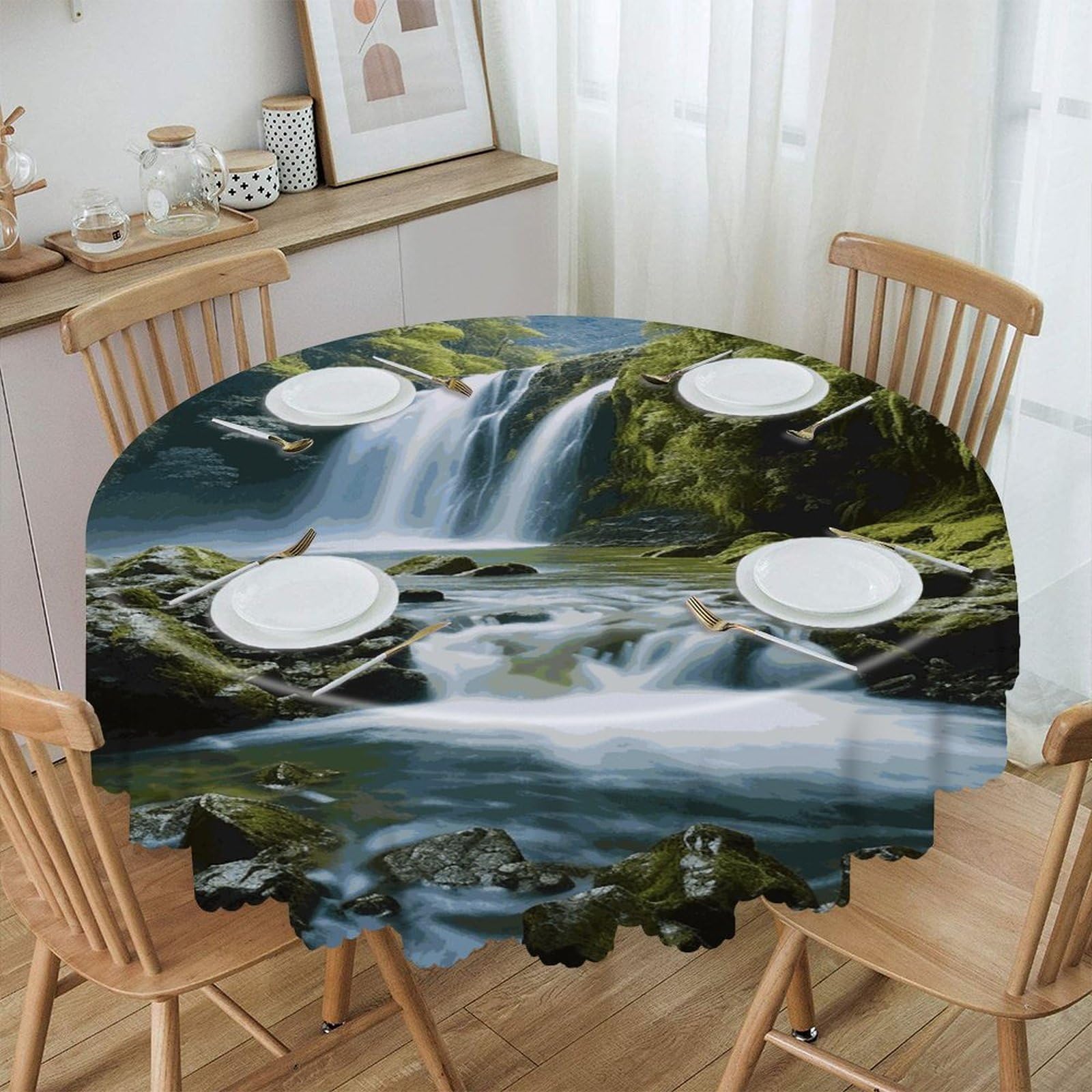 VstaDank Waterfall Landscape Painting Round Tablecloth 60 Inch Easy to Clean Circle Table Cover Thick Decorative Round Polyester Table Cloth for Dining Kitchen Party Farmhouse Outdoor