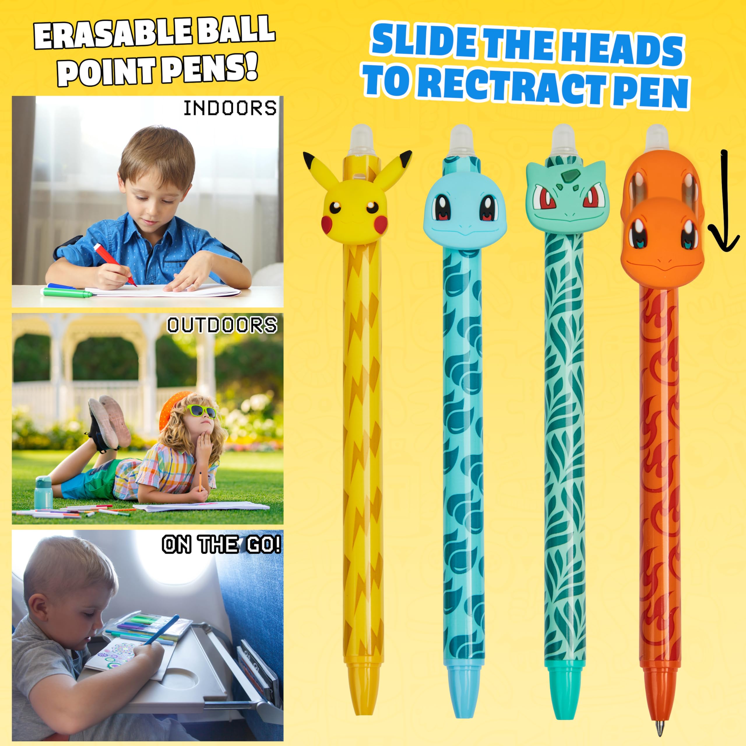 Pokémon Penna Cancellabile 0.6mm, Stationery Set di 4 Penne a Sfera con Inchiostro Blu, Pikachu Cancelleria Scuola, Anime Regalo Bambini (Multi Pikachu & Charizard)