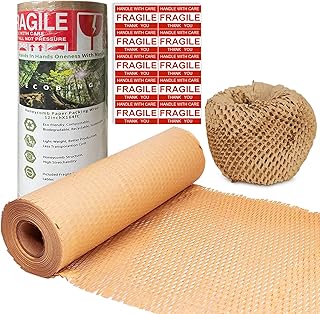 Honeycomb Packing Paper 12"x164', Kraft Wrapping Paper for Shipping Honeycomb Cushioning Wrap Roll for Moving Shipping Packaging Gifts with 10 Fragile Stickers, Recyclable Cushioning Packing Material.(Brown)
