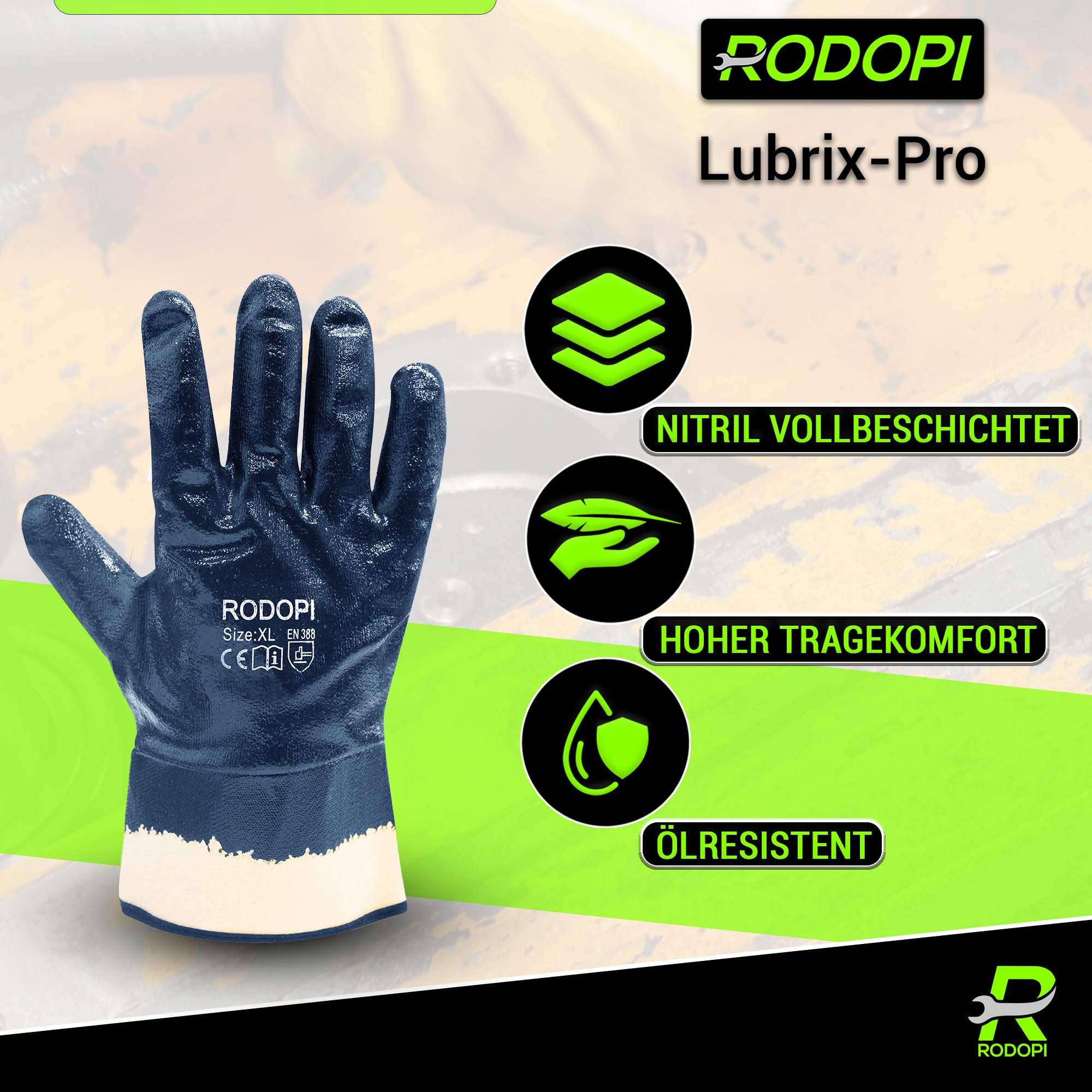 RODOPI Arbeitshandschuhe Lubrix-Pro Nitril vollbeschichtet Gummihandschuhe für Herren und Damen Nitrilhandschuhe Ölresistent Handschuhe Gartenhandschuhe