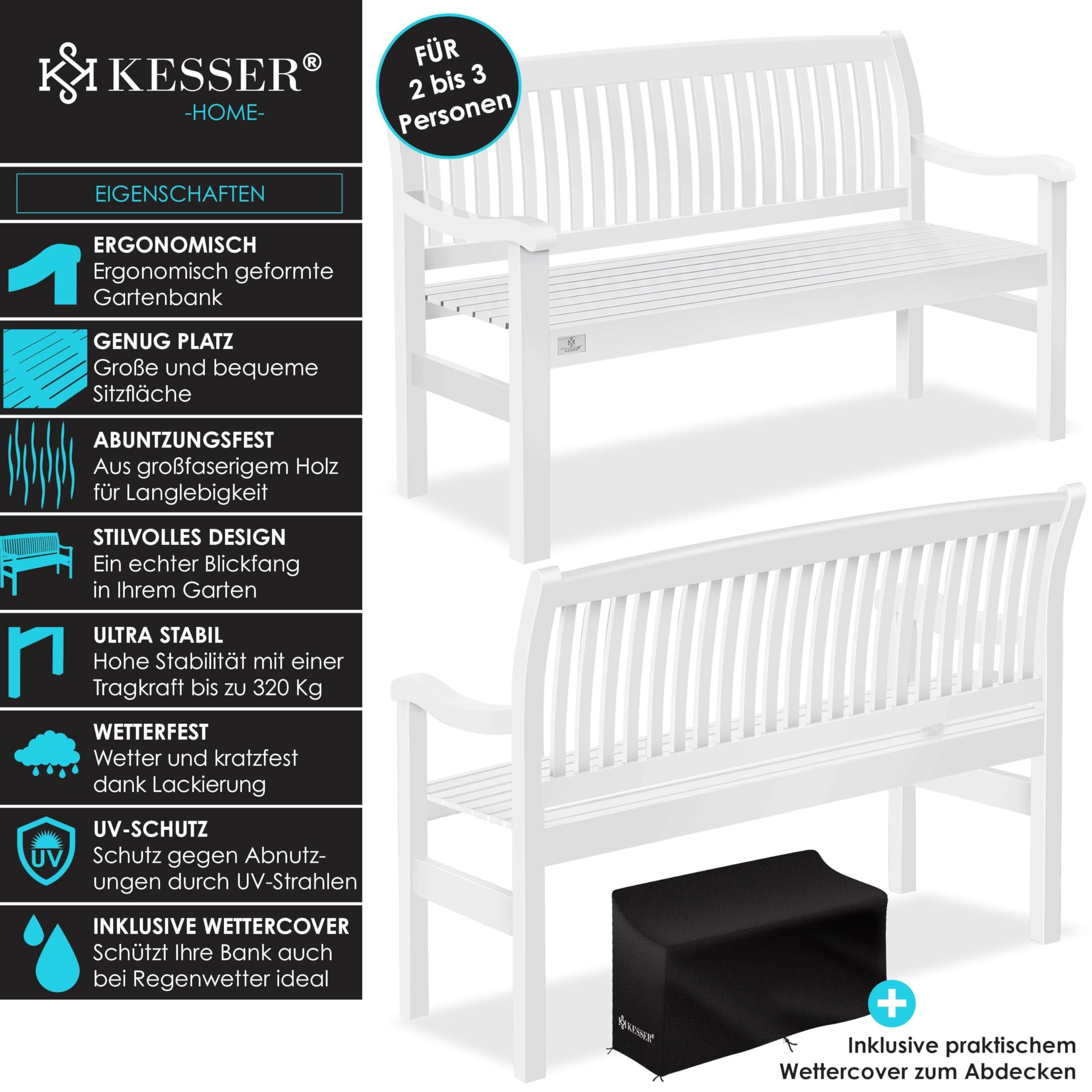 KESSER® Panca da giardino in legno resistente alle intemperie, 125 cm, 2-3 posti, per esterni, balcone in legno massiccio, portata 320 kg, per giardino, terrazza e balcone, con copertura, colore