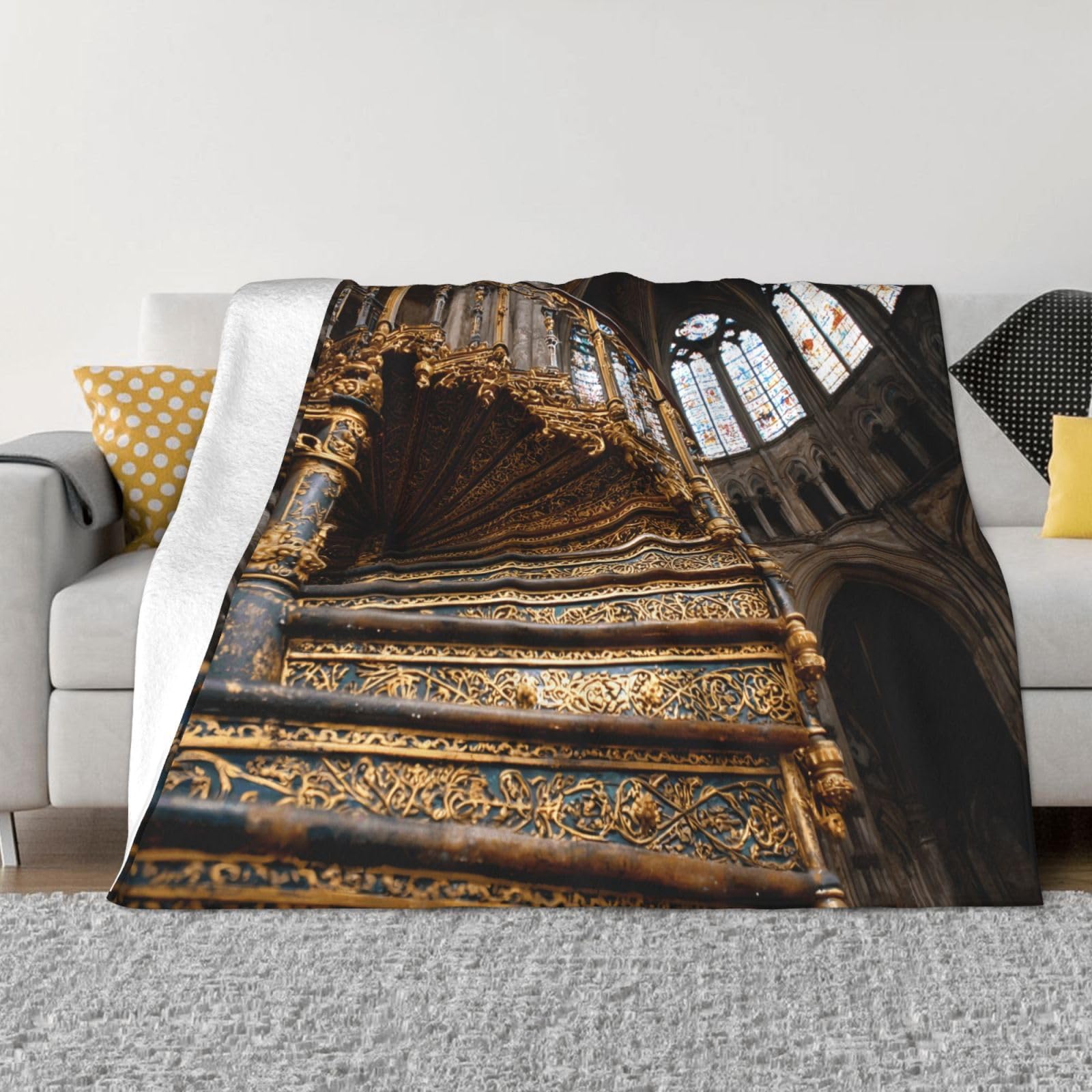Manta de viaje portátil de 80 x 60 pulgadas, suave, resistente a las arrugas, plegable, exquisita impresión de escaleras doradas
