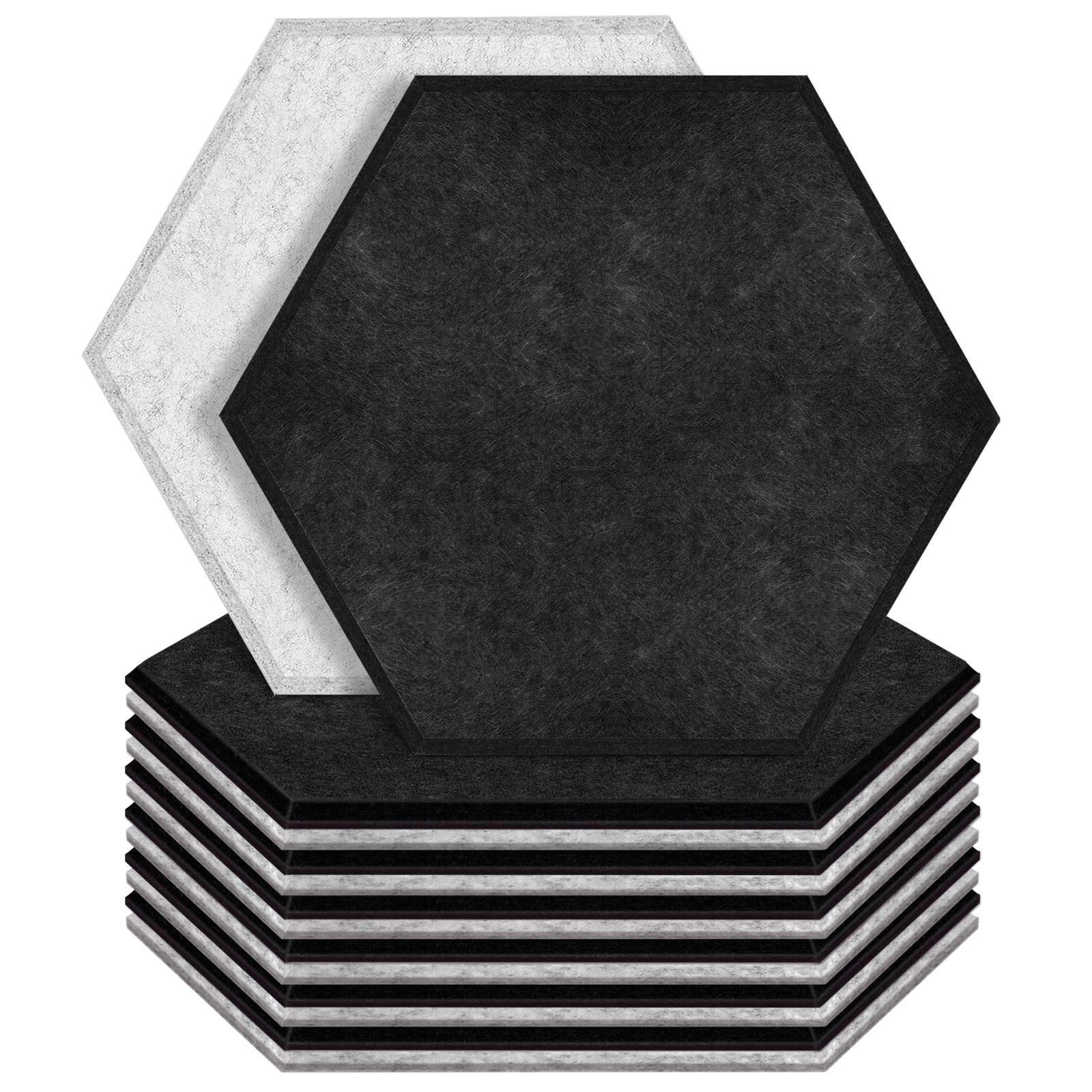 12 Pack Acoustic Panels High Density 14"X13"X 0.4" Hexagon Sound Proof Foam Panels for Walls Soundproof Wall Panels Beveled Edge Acoustic Panels Sound Absorbing for Studio, Home and Office, Grey Black