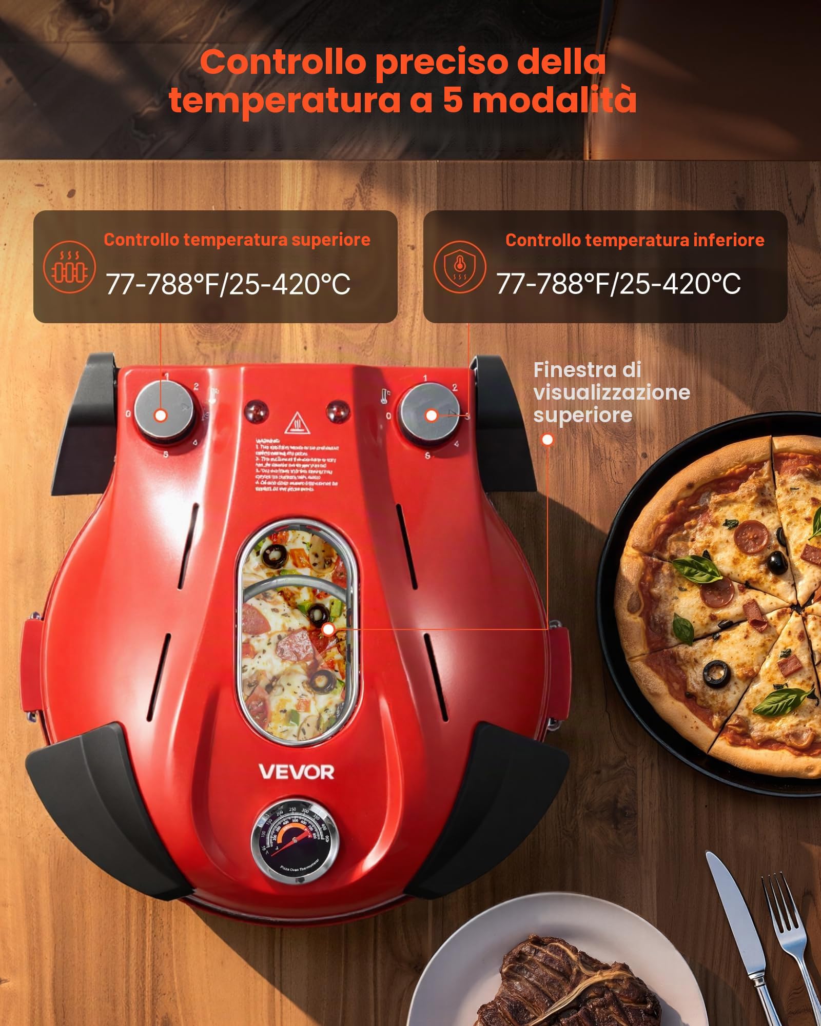 VEVOR Forno Elettrico per Pizza da 30,48 cm, Cuoci Pizza Elettrico per la Casa 1200 W con Pietra in Cordierite, Temperatura a 5 Modalità, Finestra di Visualizzazione, Riscalda Fino a 420 °C, Rosso