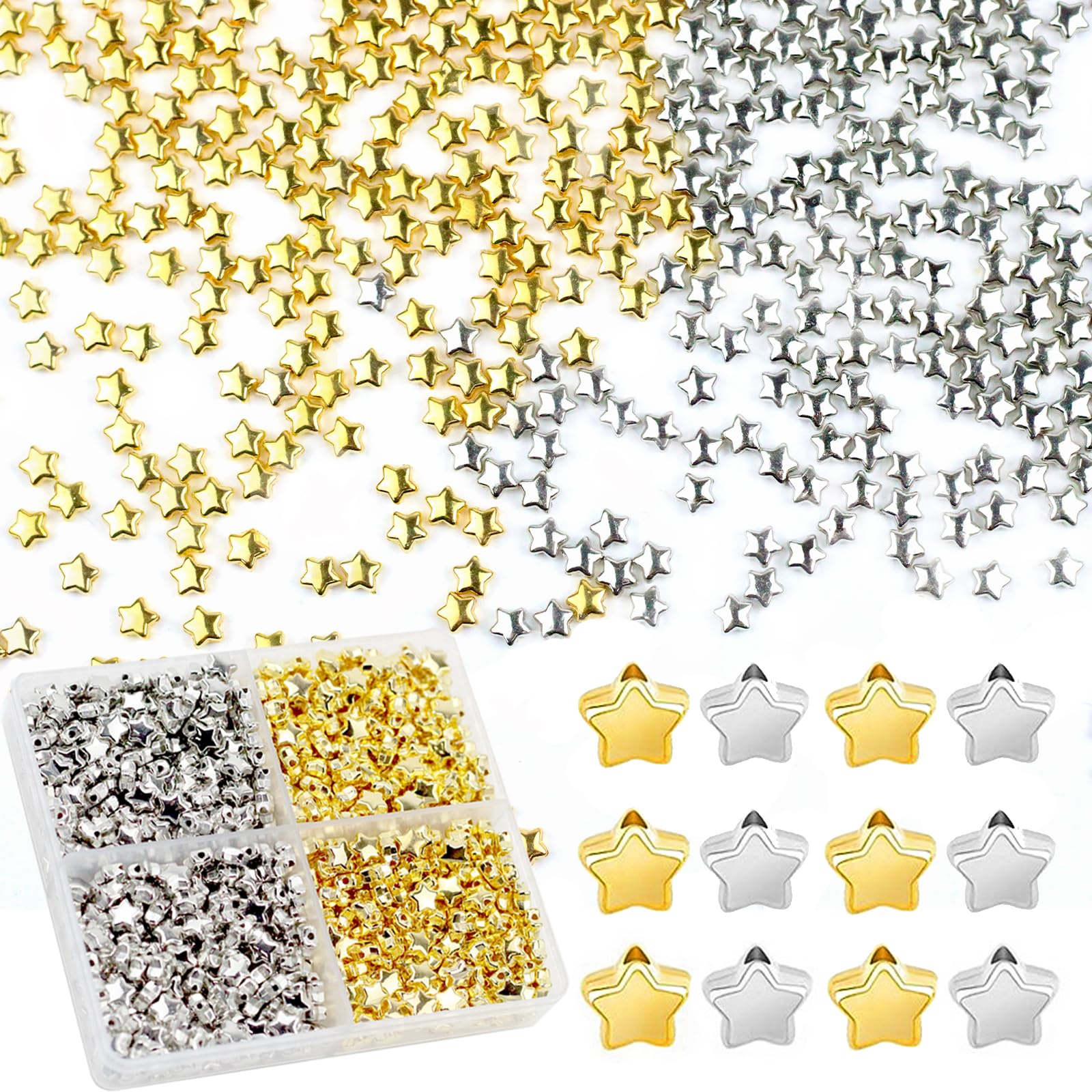 Naturahand 800 Pcs Star Spacer Beads - Gold & Silver, 6mm Diameter, 3mm Thickness, Loose Beads for Crafts, DIY Jewelry Making