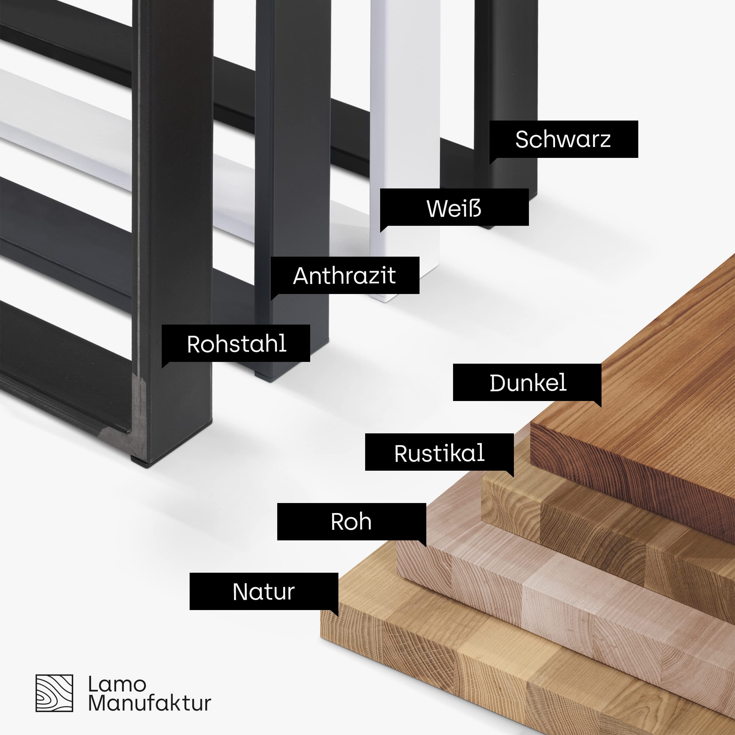 LAMO Manufaktur tavolino in legno con bordo dritto, tavolino da caffe, tavolo da cucina 60x60x76 cm (LxWxH), Modern, Frassino Naturale/acciaio grezzo laccato, LBG-01-A-002-0000M