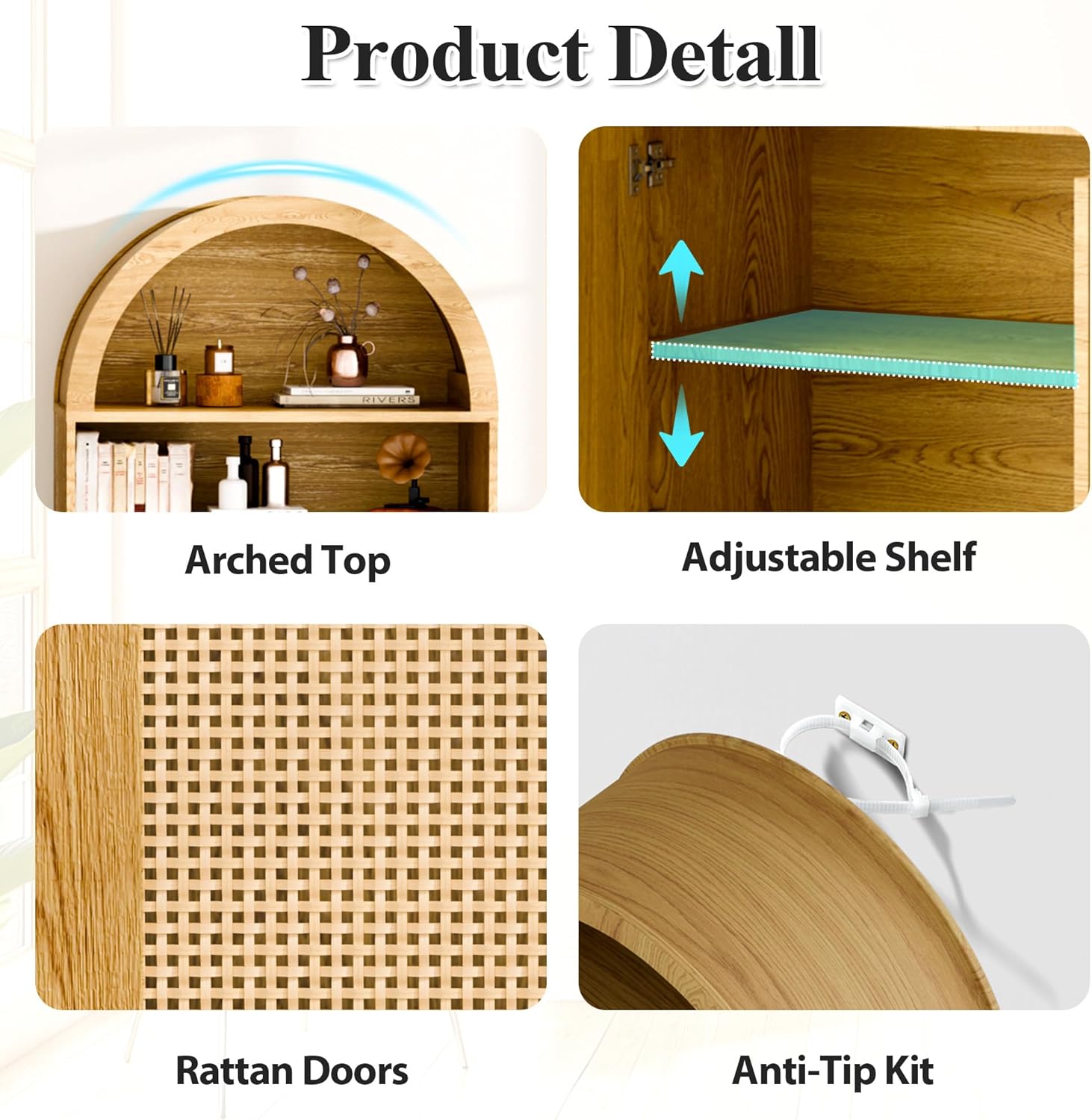 63" Arched Bookshelf with Rattan Doors, Mid Century Modern Bookcase with Adjustable Shelves, 5-Tier Wood Storage Display Cabinet for Living Room, Home Office, Natural Oak