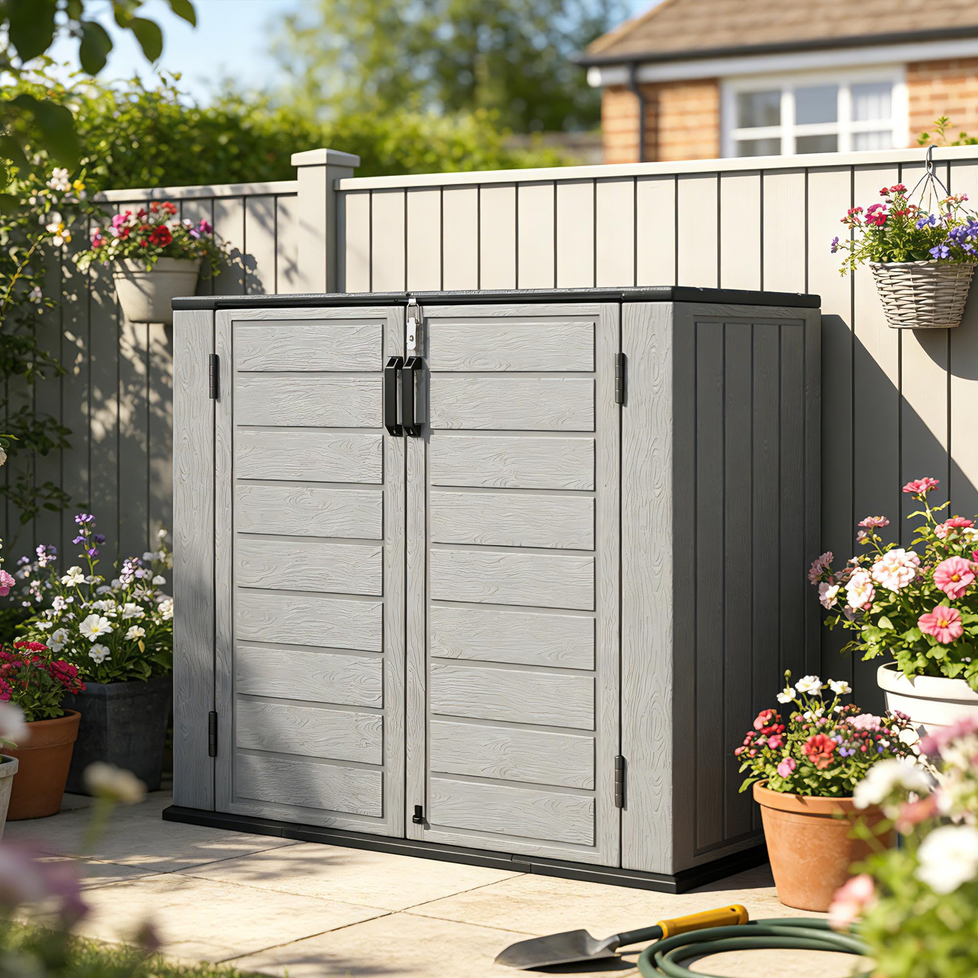 Outsunny Armario de Exterior de HDPE 940L 142x67x119 cm Gris Claro | Caseta de Jardín Exterior, Tapa Abatible, 2 Puertas, Cerradura, Cobertizo para Herramientas
