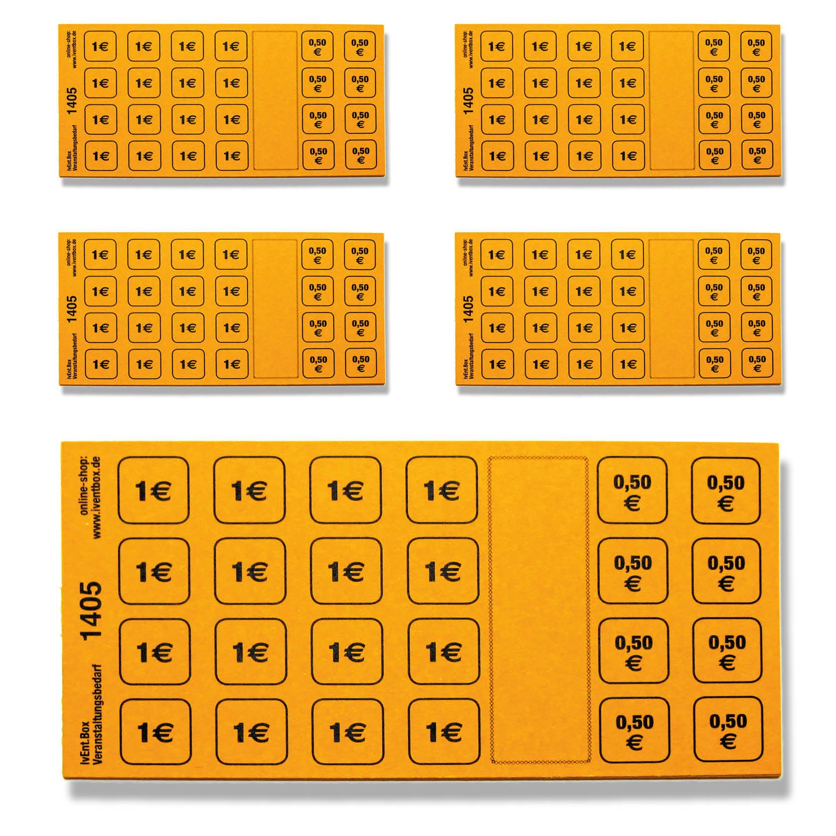 250 Blatt VERZEHRKARTEN | Abstreich-Wertmarken | 20,00 Euro Wert | 5 Blöcke à 50 Blatt | ORANGE
