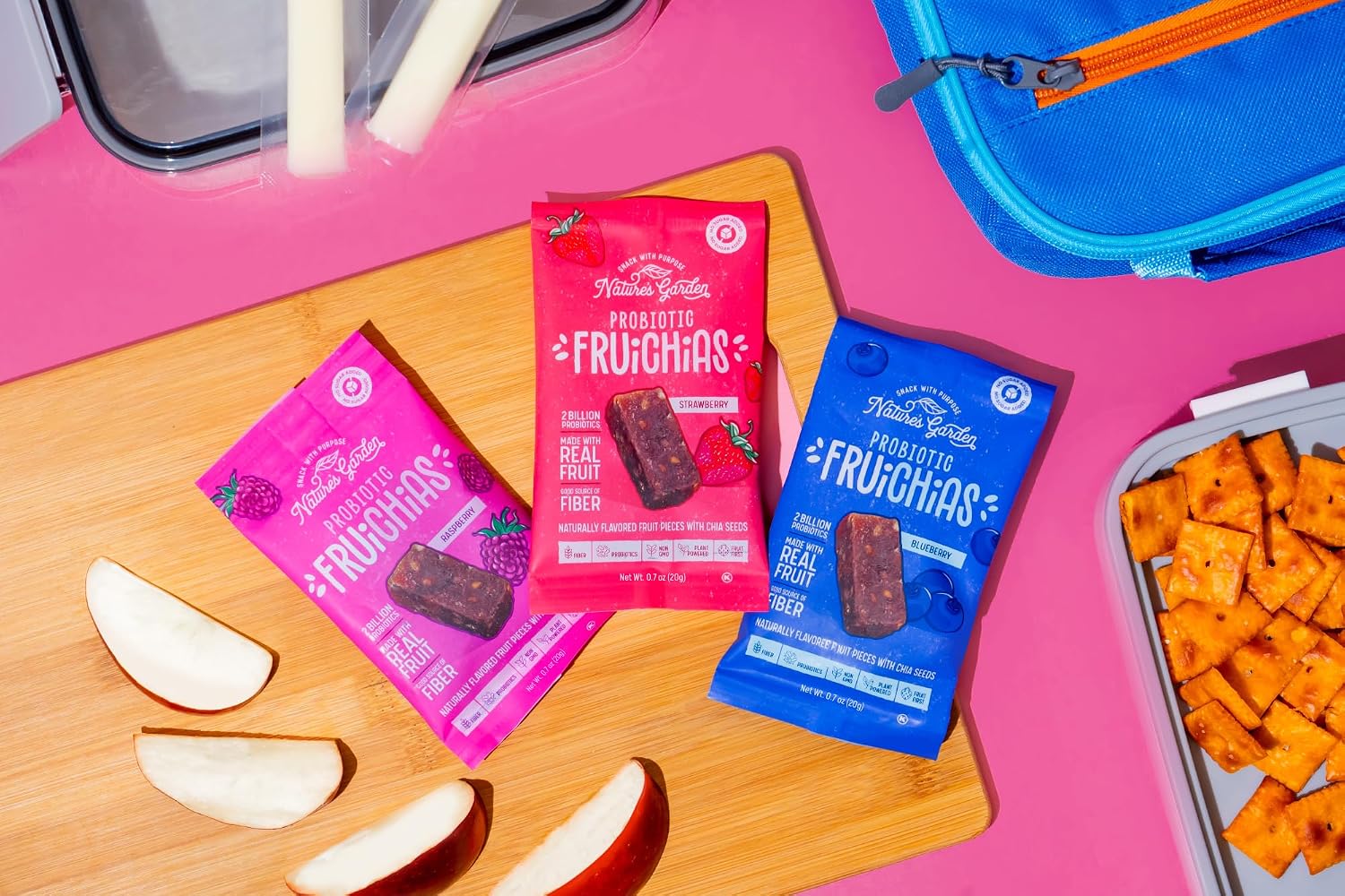 Nature's Garden Probiotic Fruichias Variety Pack - 24 Pack x 0.7oz, Probiotic Fruit Snack with Chia Seeds, Strawberry, Blueberry, Raspberry , No Sugar Added, Made with Real Fruit, Dye-Free, Non-GMO, Gluten-Free Snacks for Kids & Adults