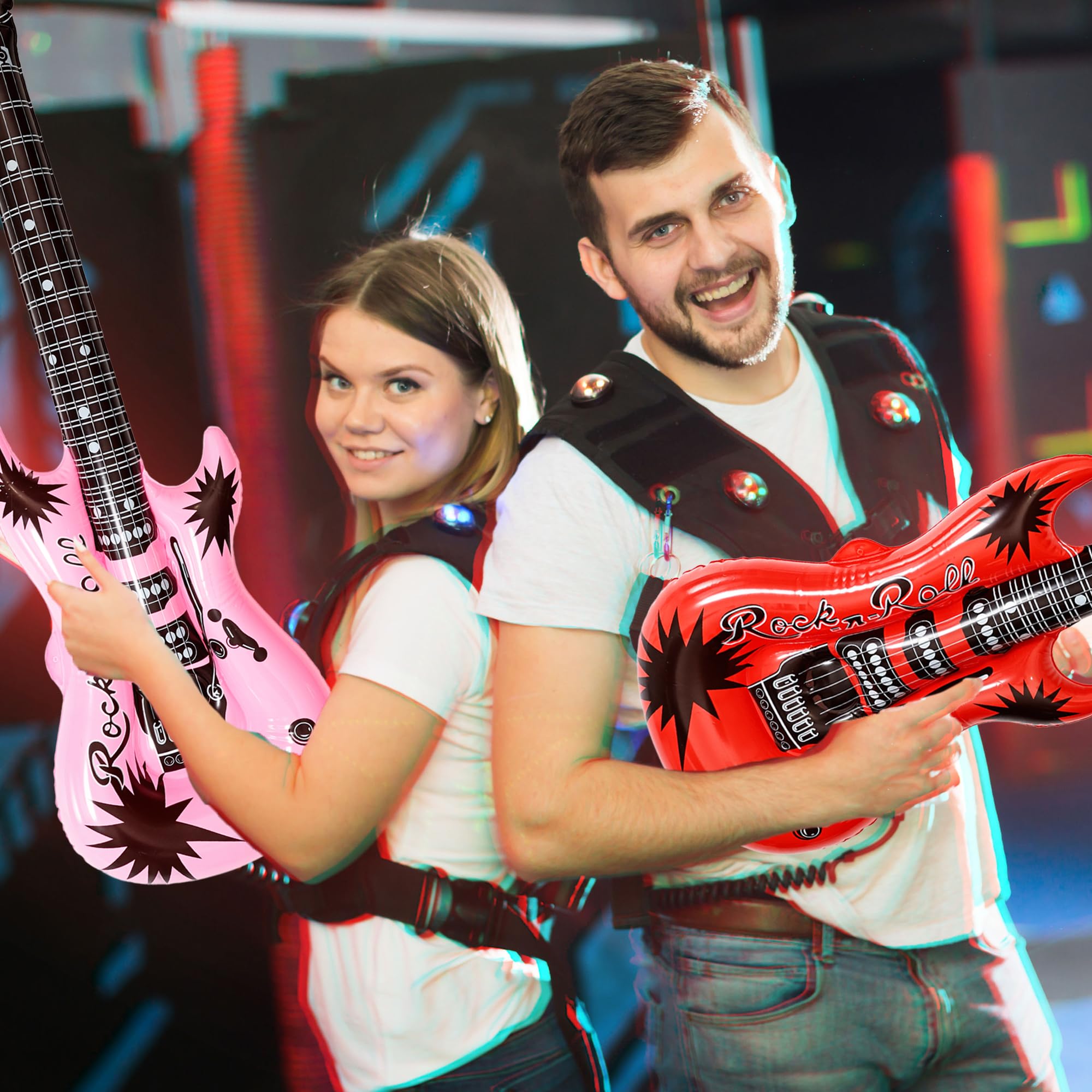 14 Pack 43 Inch Large Inflatable Guitar Blow up Guitar Bulk Fake Party Prop Inflatable Rock Star Guitars with Air Pump for 80s 90s Themed Carnival Birthday Party Favor, 14 Colors — view 6